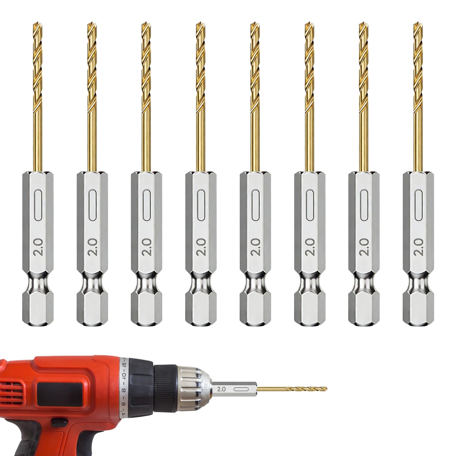 8 Pcs 2 Mm HSS Hex-Shank Twist Drill Bits, 1/4-Inch Pilot Set