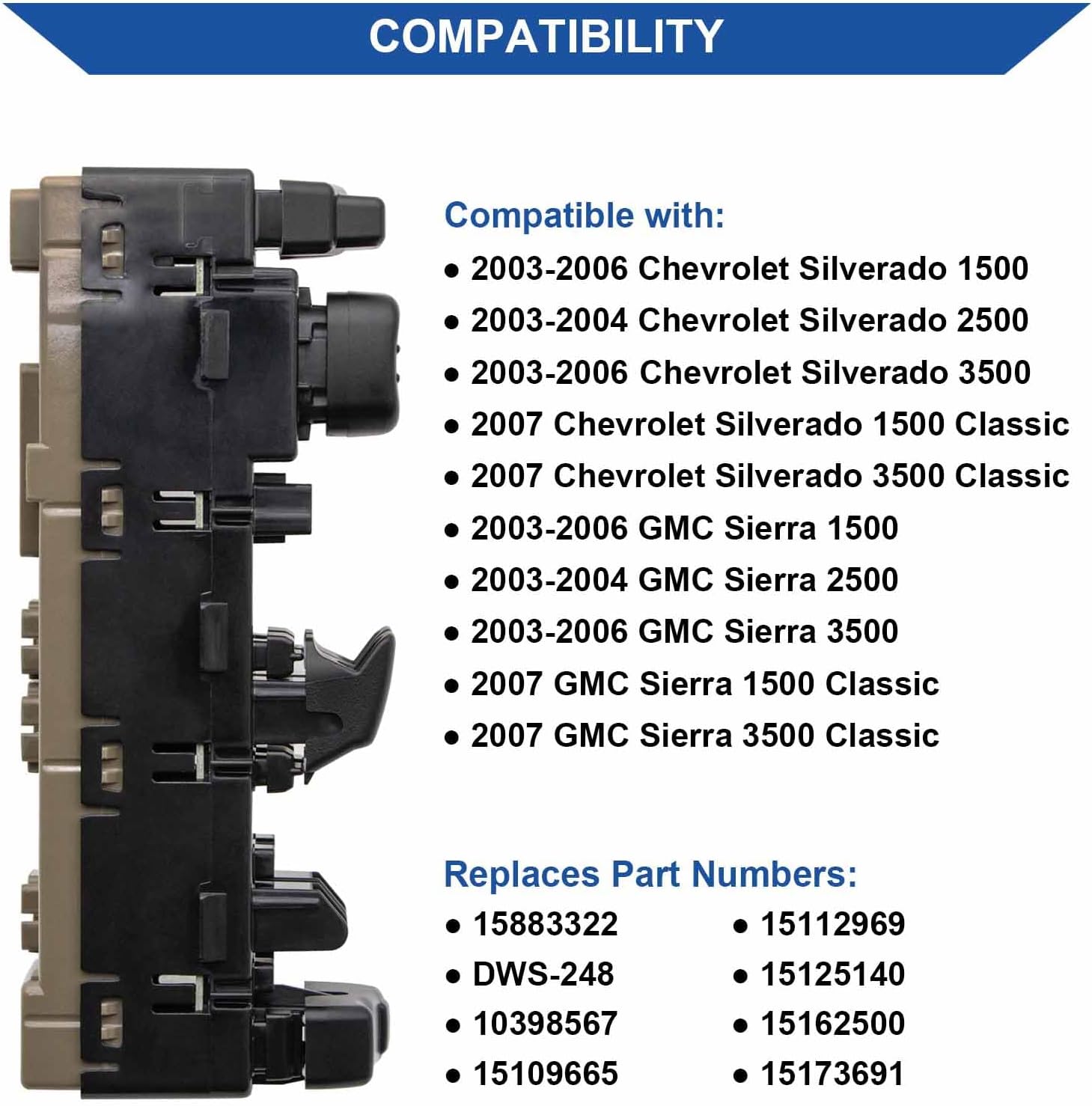 Obaee 15883322 Master Power Window Switch Control with Folding Mirror 2 Door Compatible with 2003-2007 Chevrolet Chevy Silverado 1500 2500 3500, GMC Sierra 1500 2500 3500 Classic, Replaces DWS-248