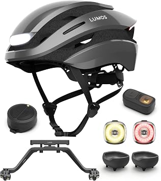 Lumos Ultra Helmet Ash Grey,MIPS,Size XL & Firefly Bike Light -2 Pack & Charging Cradle -2 Pack & Remote & Turn Signal Mount