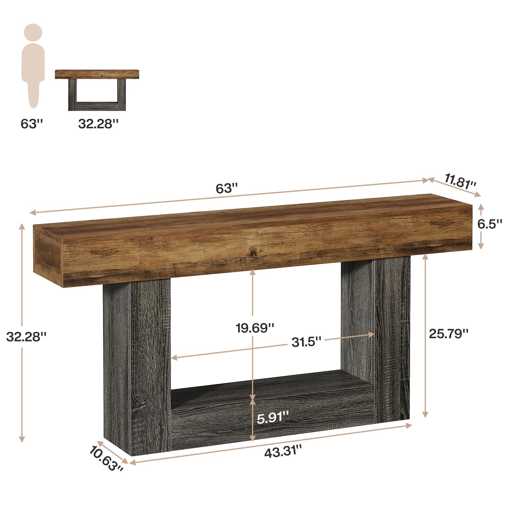 Tribesigns Mesa Consola de 160 cm de Largo, Mesa de Entrada de 2 Capas, con Espacio de Almacenamiento, Mesa de Centro Trasera de Madera de Granja para salón, Pasillo (Rústico Marrón y Gris)