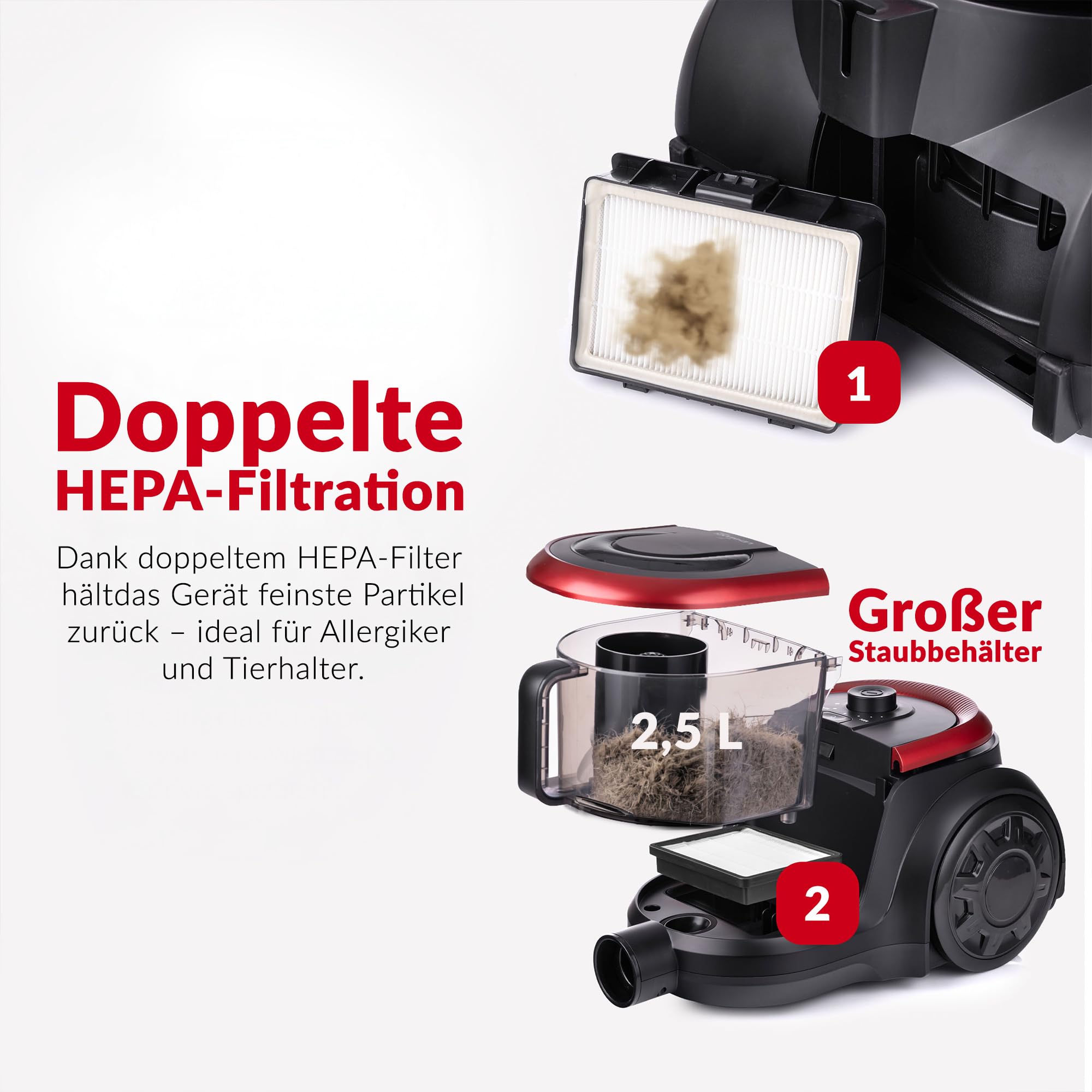 LEHMANN - Aspirador sin bolsa, tecnología ciclónica potente, doble filtro HEPA para alérgicos, capacidad 2,5 L, compacto, aspirador trineo para alfombras y suelos, juego de accesorios, negro/rojo