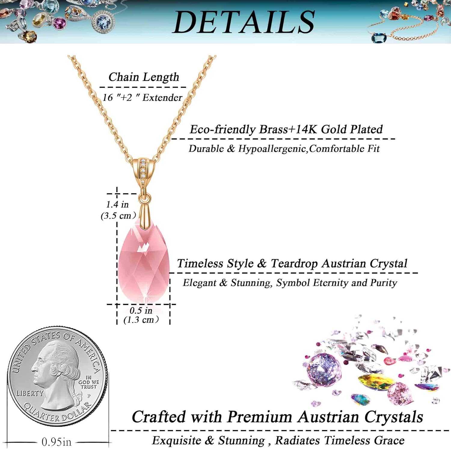 Austrian Crystals Teardrop Pendant Necklace for Women 14K Gold Plated Eco-friendly Brass Hypoallergenic Jewelry - Image 4