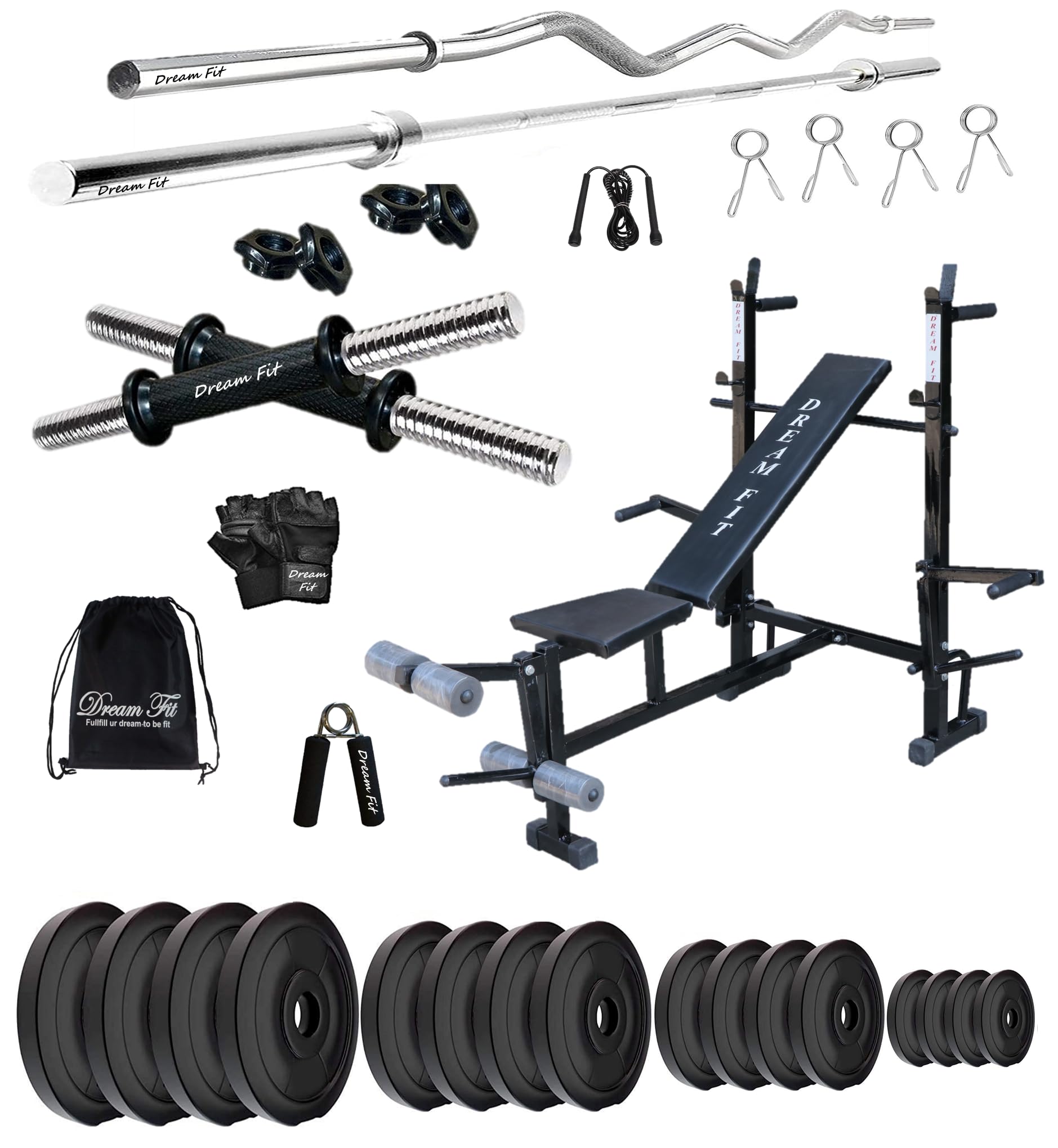 DREAM FIT PVC Home Gym Set - 80 Kg with 8in1 Gym Bench, 3 ft Curling Rod, 3 ft Straight Rod, 1 Pair Dumbbell rods and Gym Accessories (80kg)-image-40