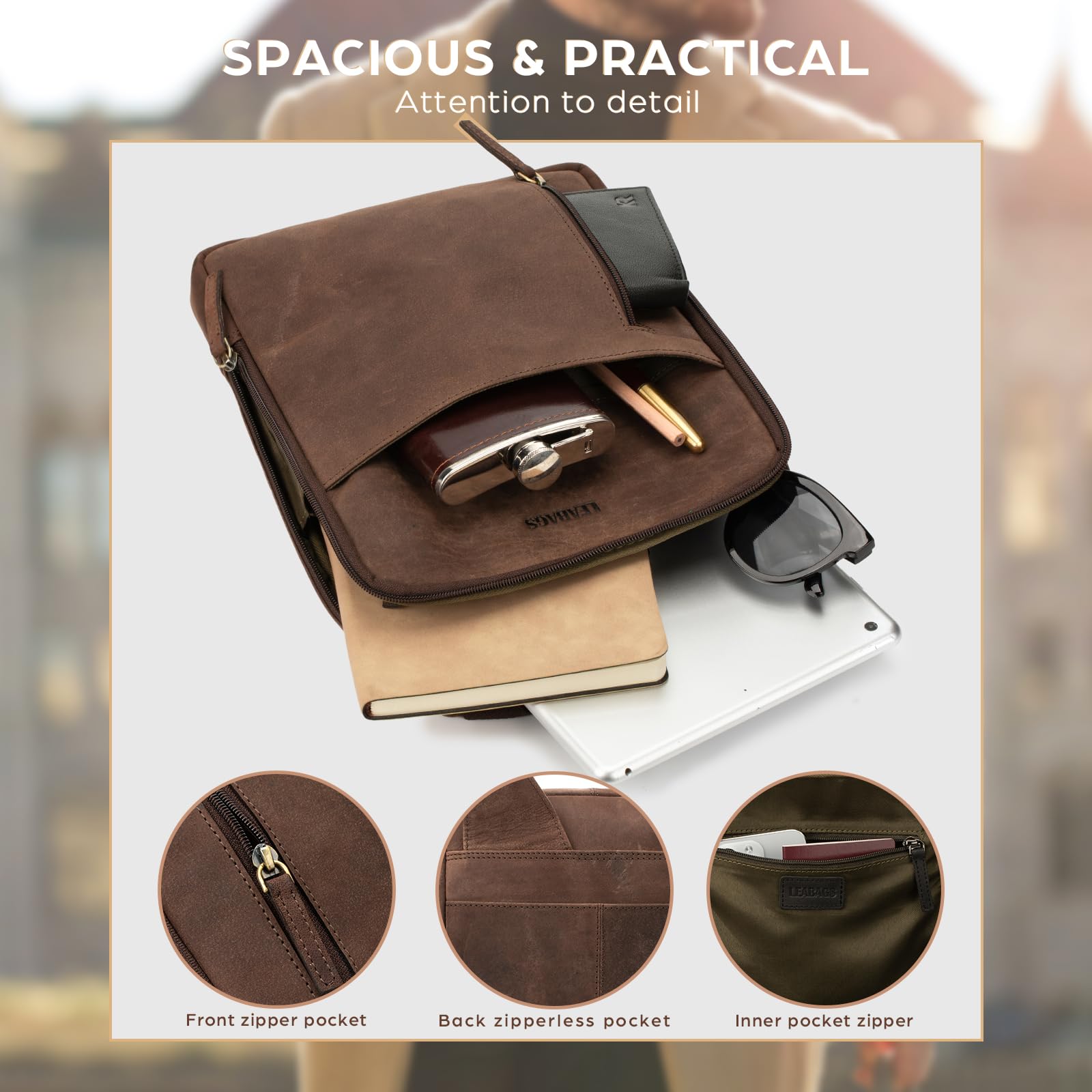 LEABAGS Men's Leather Small Shoulder Bag, Messenger Bag with Shoulder Strap, Men's Travel Bag