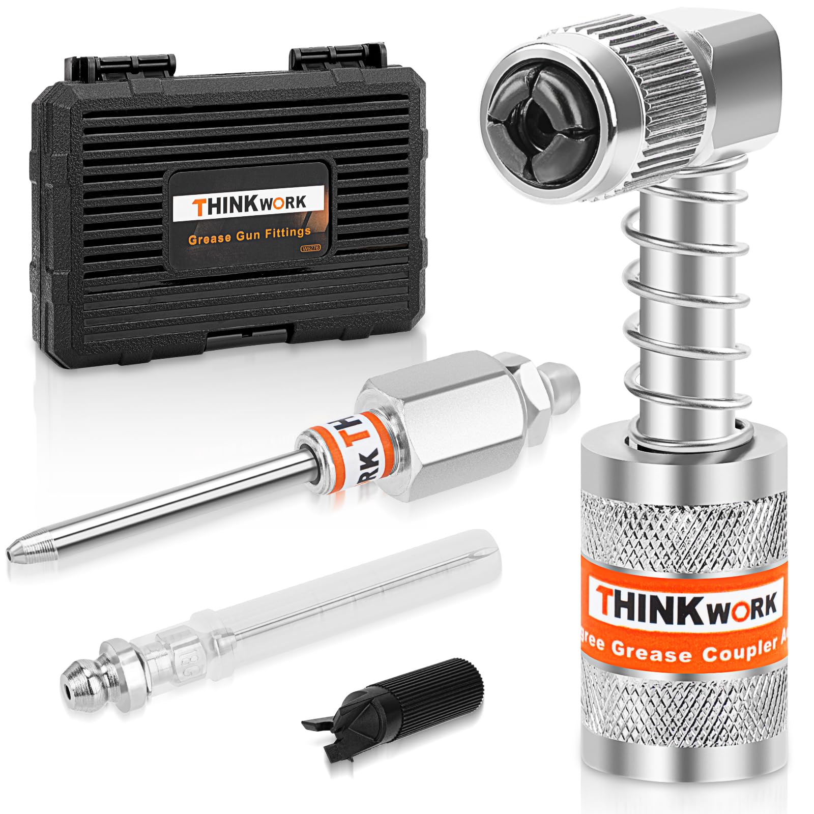 THINKWORK 4PC Quick Connect Greasing Accessory Kit, Grease Gun Couplers with 90 Degree Grease Coupler, Reach Any Grease Fitting on Any Machine, High-Hardness Storage Box Keeps Tools Clean and Portable