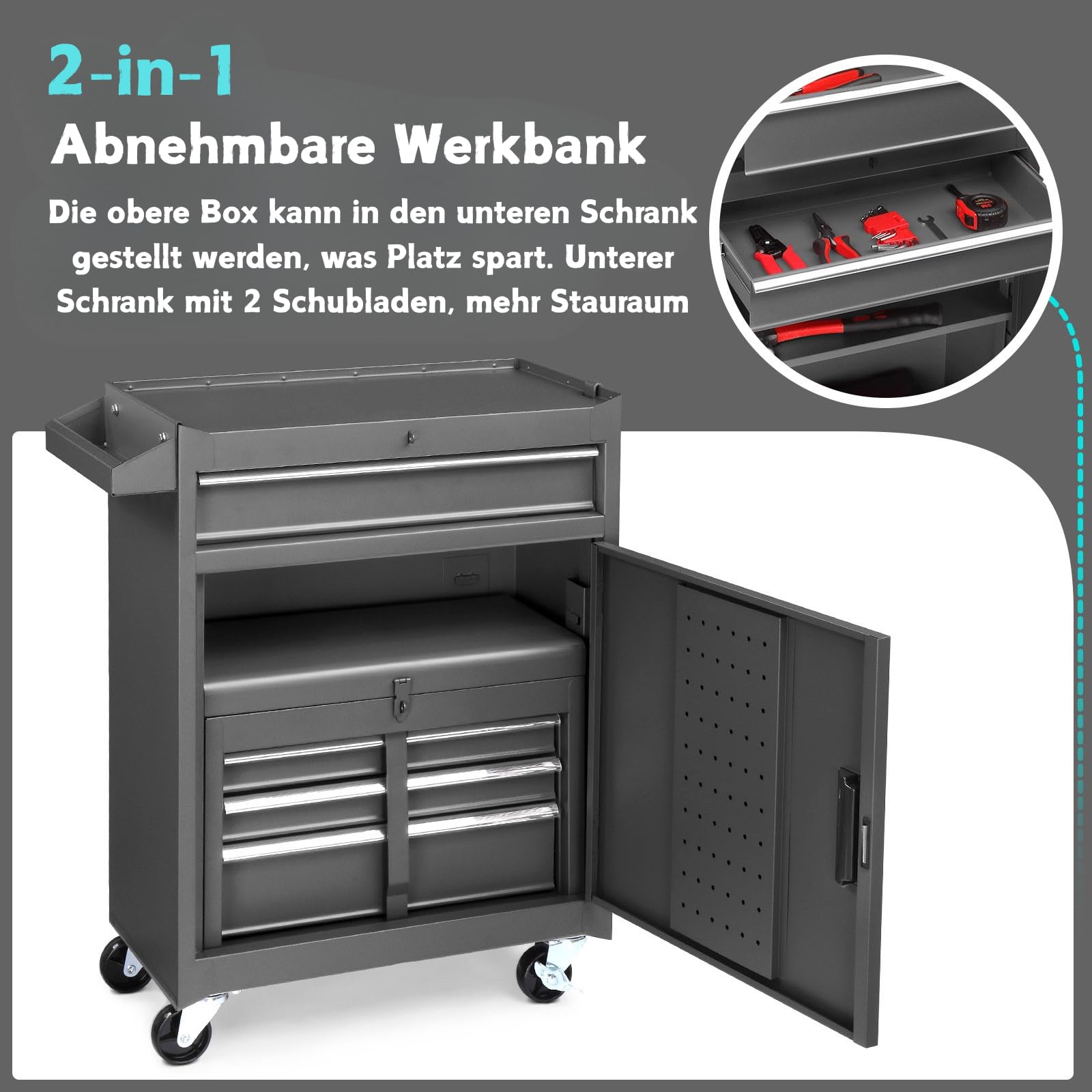 2 in 1 Werkstattwagen inkl.Koffer & 4 Fächer & verstellbarem Regal|werkstattwagen leer|Mobiler Werkzeug-Wagen ohne Werkzeug|Werkzeugaufbewahrung mit Schloss 100 kg Tragkraft|Metal |Rot