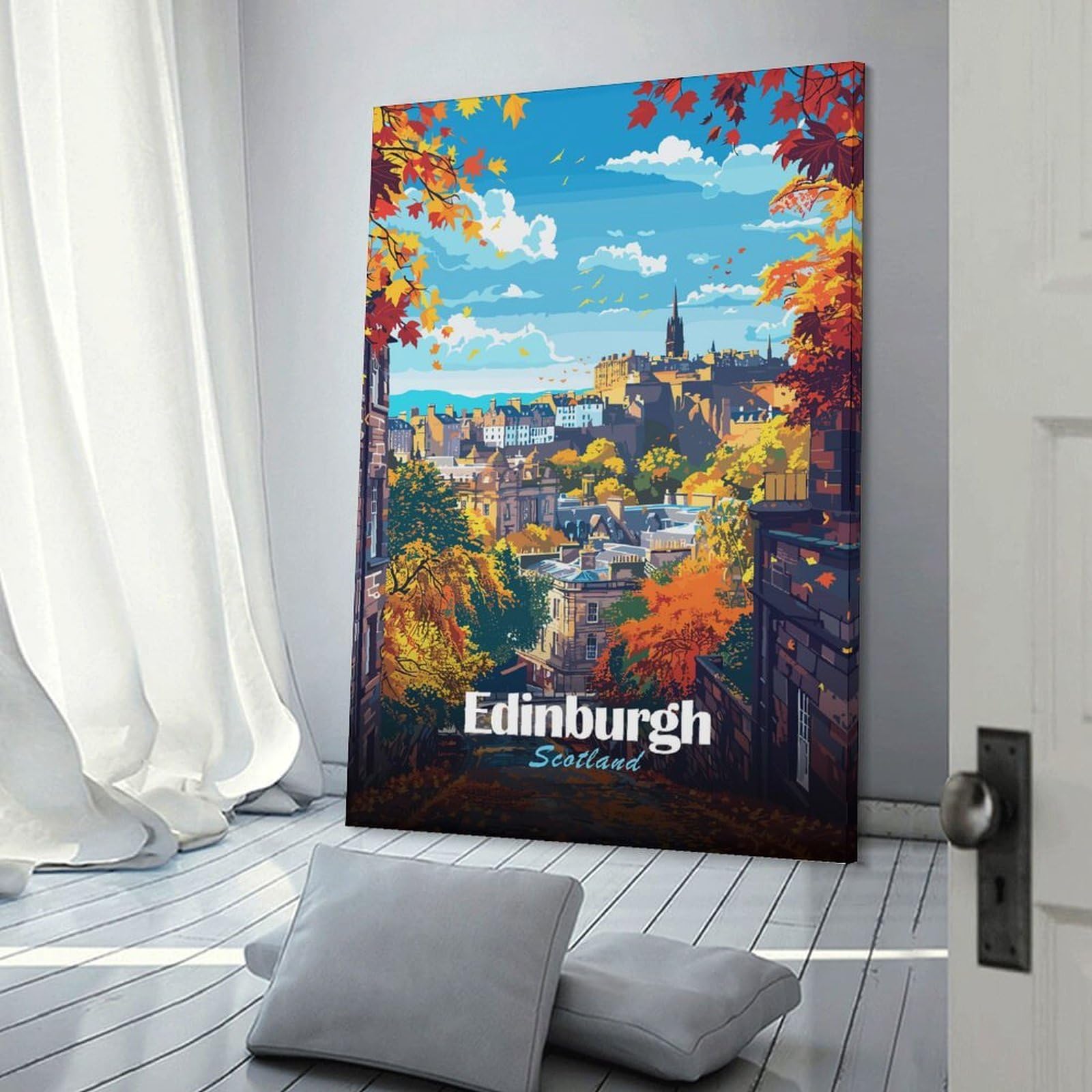 Junmoney Edinburgh Scotland Autumn Cityscape Illustration Canvas Wall Picture 24x36inch(60x90cm), for Contemporary Homes, Apartments Or Offices, Wall Decor with Flexible Room Appeal