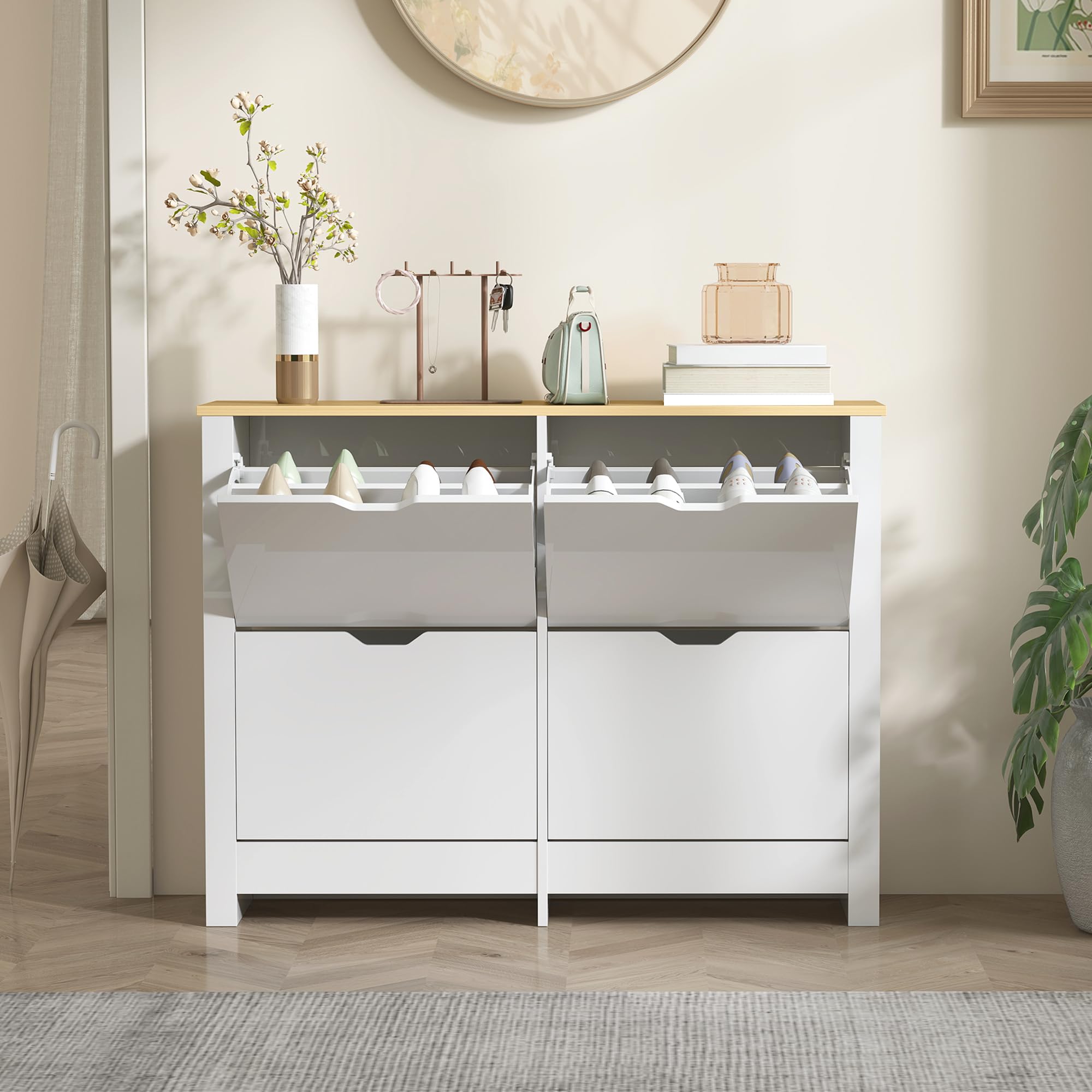 HOMCOM Meuble à Chaussures 4 Tiroirs 105 x 26 x 80 cm Blanc Naturel | Armoire à Chaussures Étroite 16 Paires, Étagères Réglables, Style Moderne, pour Couloir, Entrée,