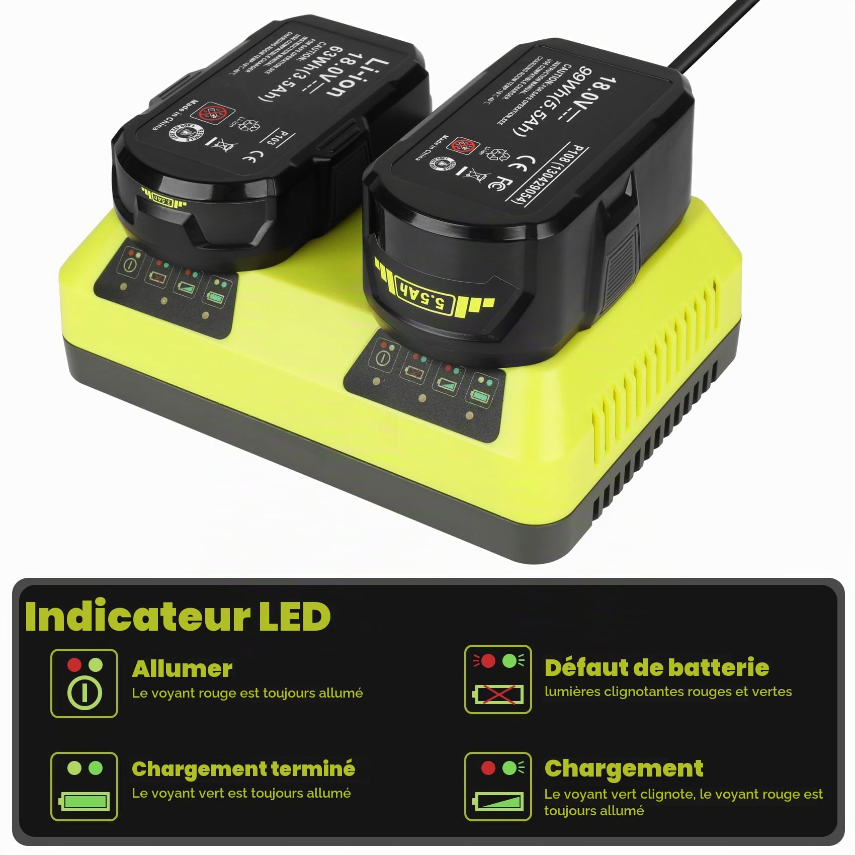 KUNLUN P117 Chargeur pour Ryobi 18V Batterie, 2 Ports Chargeur de Remplacement pour Ryobi One+ P108 P107 P104 P105 P102 P103 P117 Batterie Li-ION/Ni-Mh | Compatible avec les batteries lithium-ion Ryobi 18 V P102 P108 P189 P197 P103 P105 P107 P190 P191 PBP
