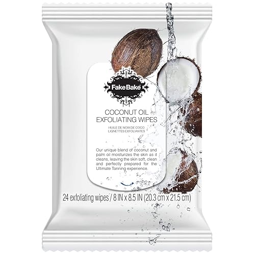 Fake Bake Toallitas exfoliantes de aceite de coco para rostro y cuerpo, limpiadores suaves con caléndula, manzanilla, aloe, vitamina E, cuidado de