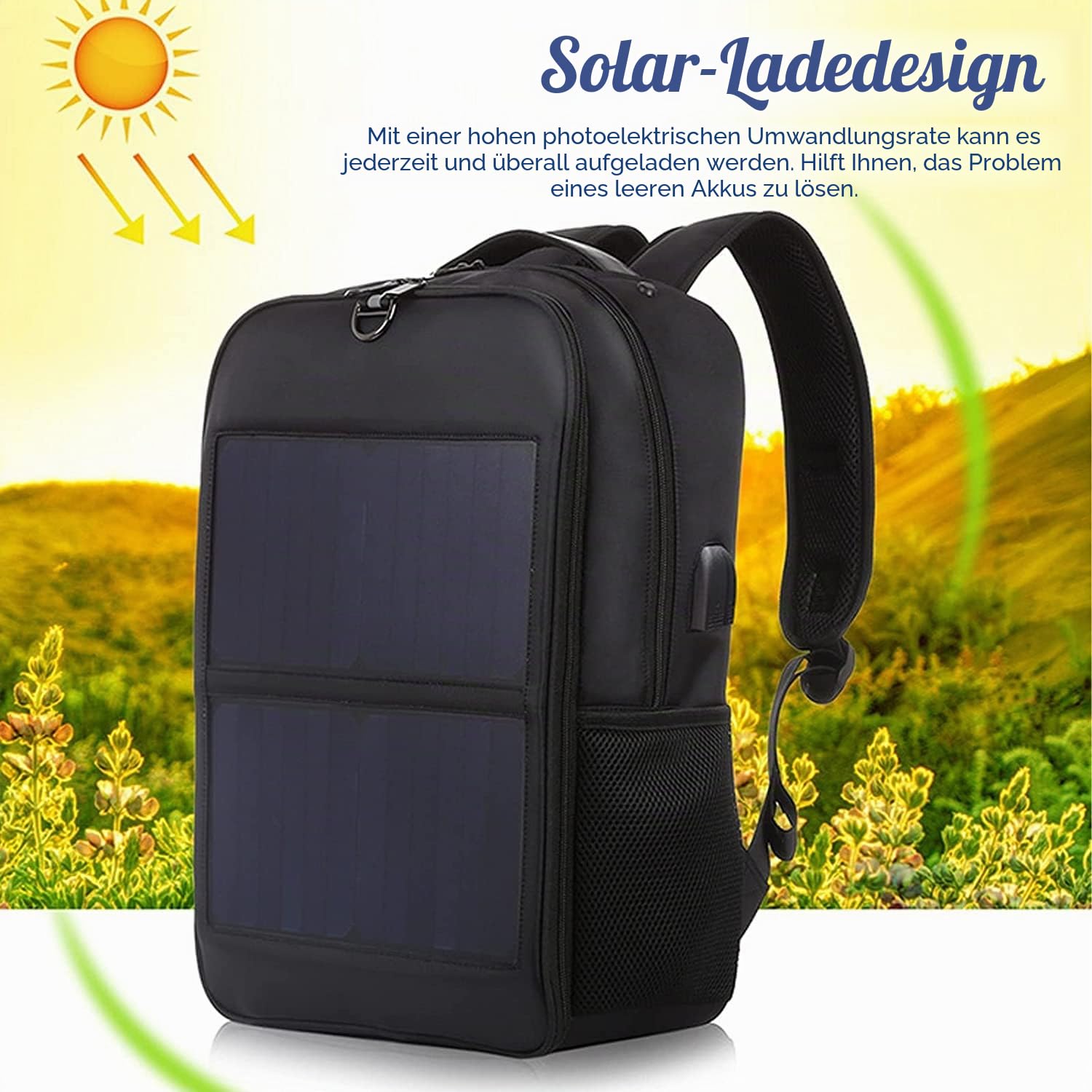 Solar-Rucksack-Ladegerät, 5 V Wasserdichter Ergonomischer Solar-Rucksack mit USB-Ladeanschluss, Intelligenter Schaltungsschutz, Outdoor-Sport-Reise-Netzteil