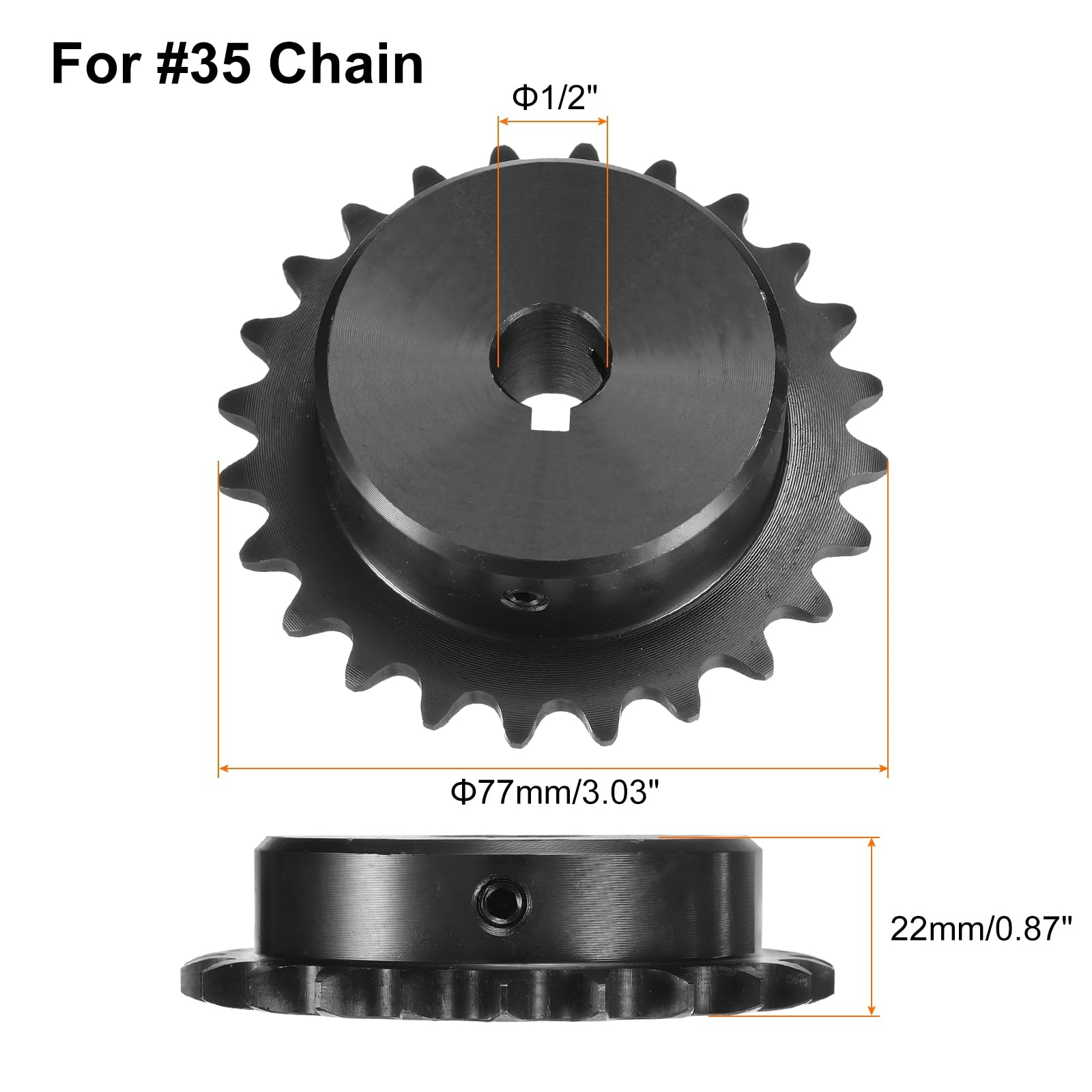 uxcell #35 Chain Roller Sprocket B Type, 1/2" Bore 24 Tooth Single Strand Chain Sprocket, Carbon Steel, Keyway with Set Screws — Amazon image 2