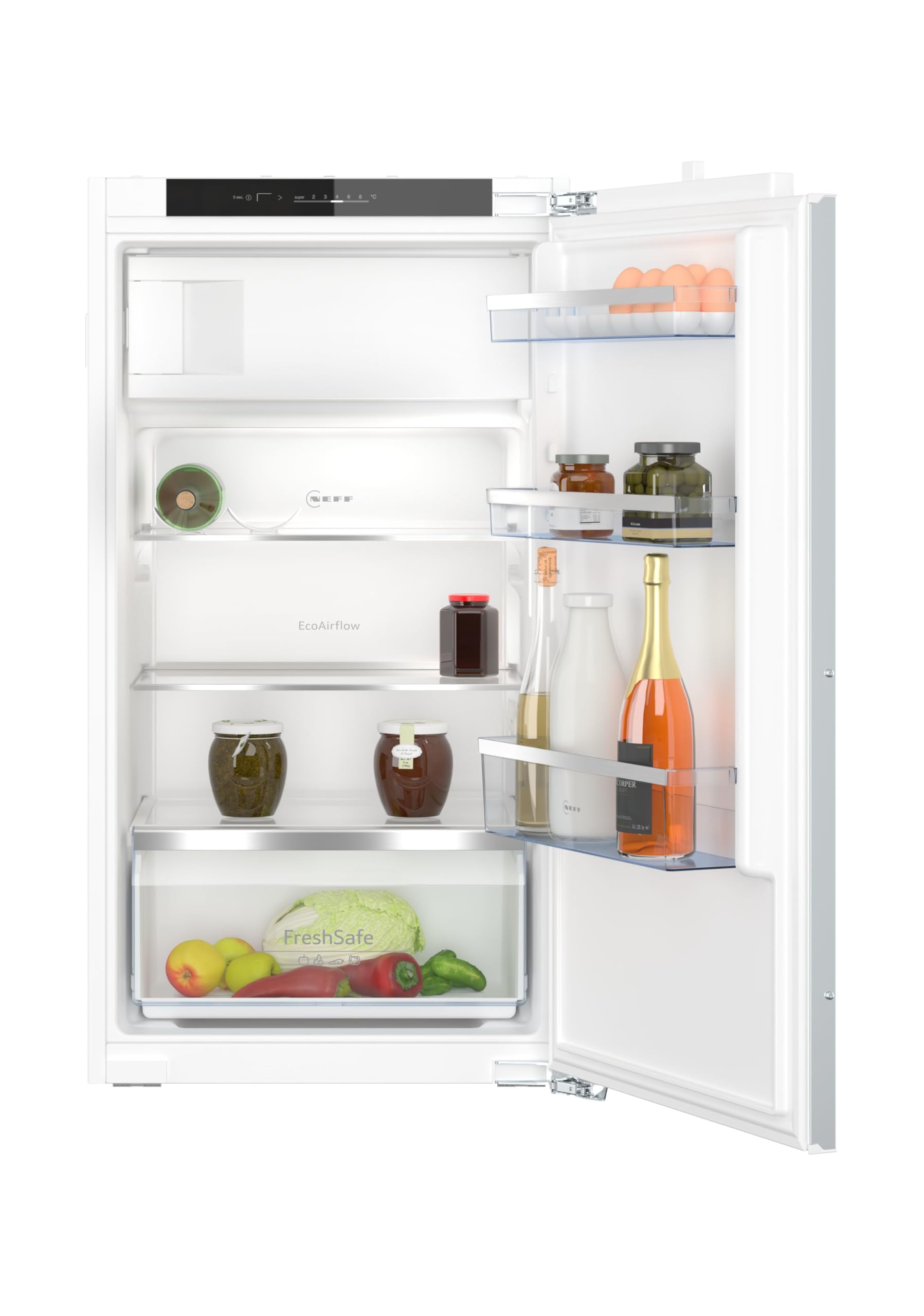 NEFF KI2322FE0, N 50, Einbaukühlschrank mit Gefrierfach, 102,5x56 cm (HxB), Kühlen 132l, Gefrieren 15l, 35dB, LED Beleuchtung, Fresh Safe, Eco Air Flow,Flachscharnier, Made in Germany | Made in Germany, 147 L Kapazität, flexible Glasböden für variablen Pl