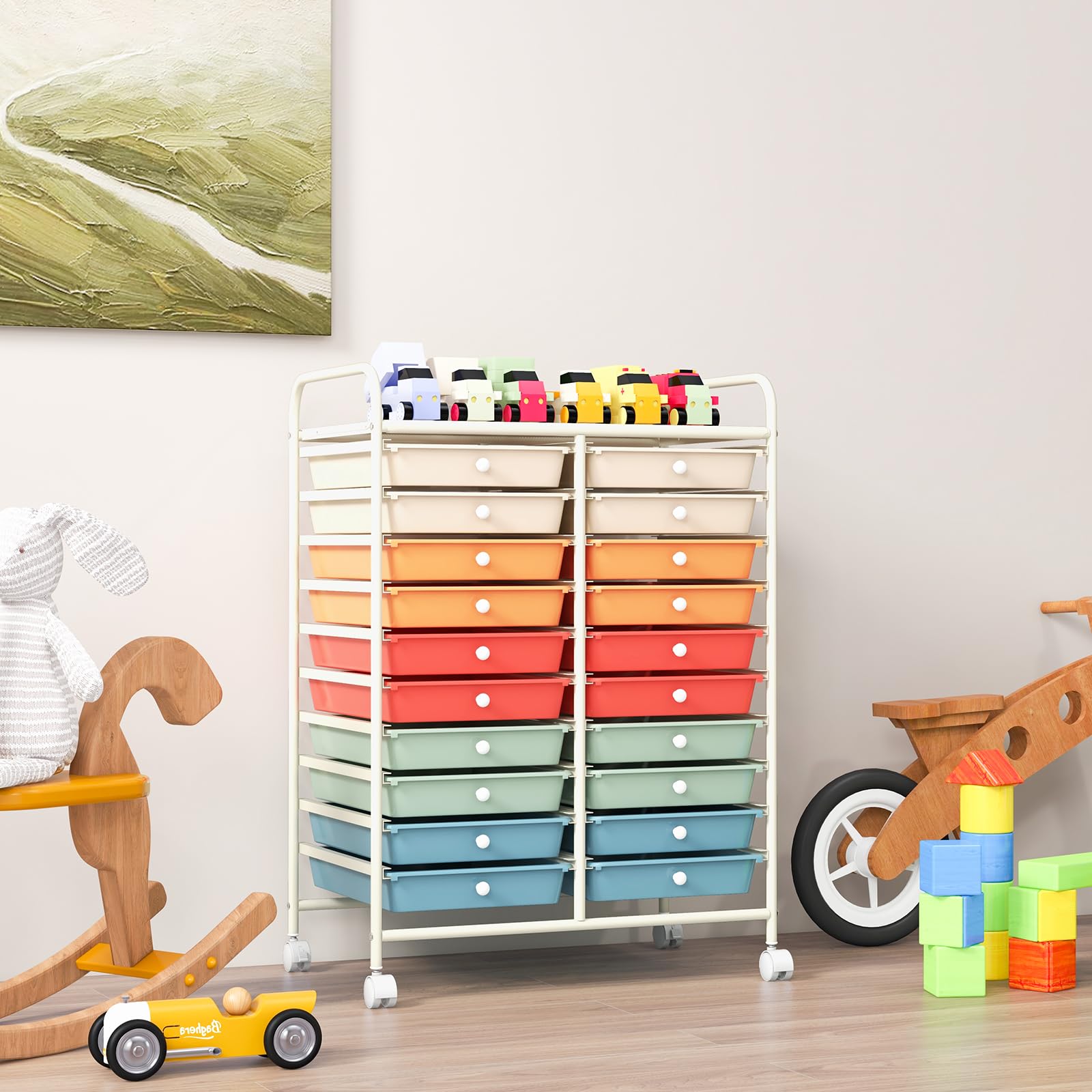 COSTWAY Chariot de Rangement à Roulette 20 Tiroirs en PP, Tour de Rangement avec Tablette, Cadre en Métal, Desserte Meuble Tiroir pour Cuisine Salle de Bain École (XL | 20 tiroirs,Multicolore)