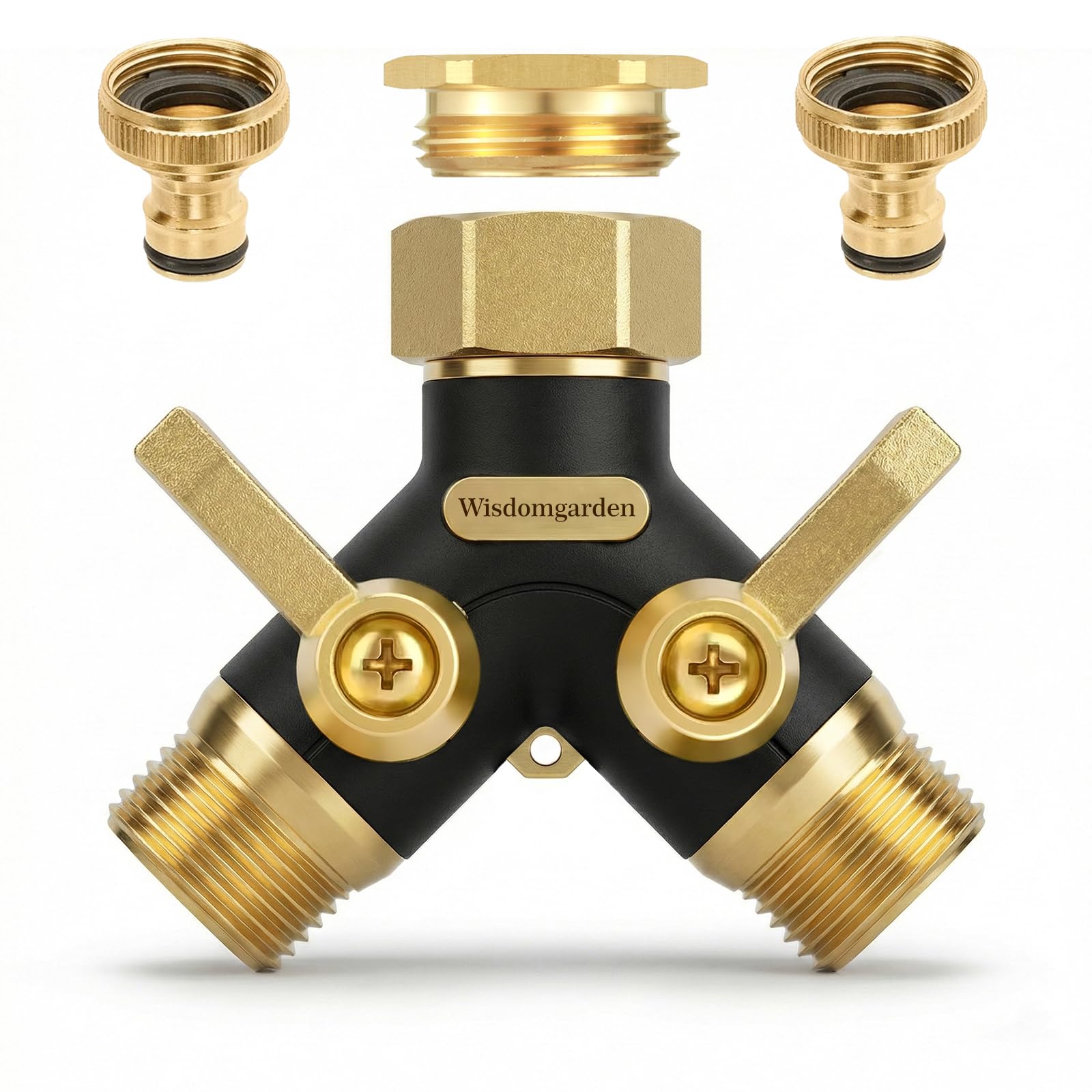 Wisdomgarden 2 Wege Messing Gartenschlauch Verteiler, Y Wasserhahnverteiler mit 2 unabhängigen Ventilen, 1 Zoll Schlauchverteiler für Garten-mit 3/4 Zoll Adapter, Rasenbewässerung und Außenwasserhahn