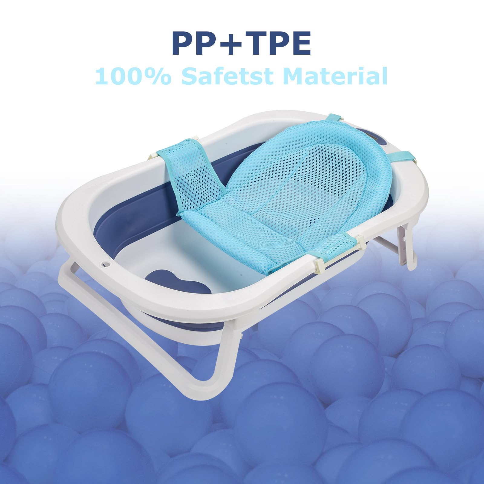 Navicella pieghevole blu 50L con inserto da bagno, termometro per acqua, tappo che cambia colore, fondo antiscivolo, vasca da bagno pieghevole per neonati da 0 a 6 anni