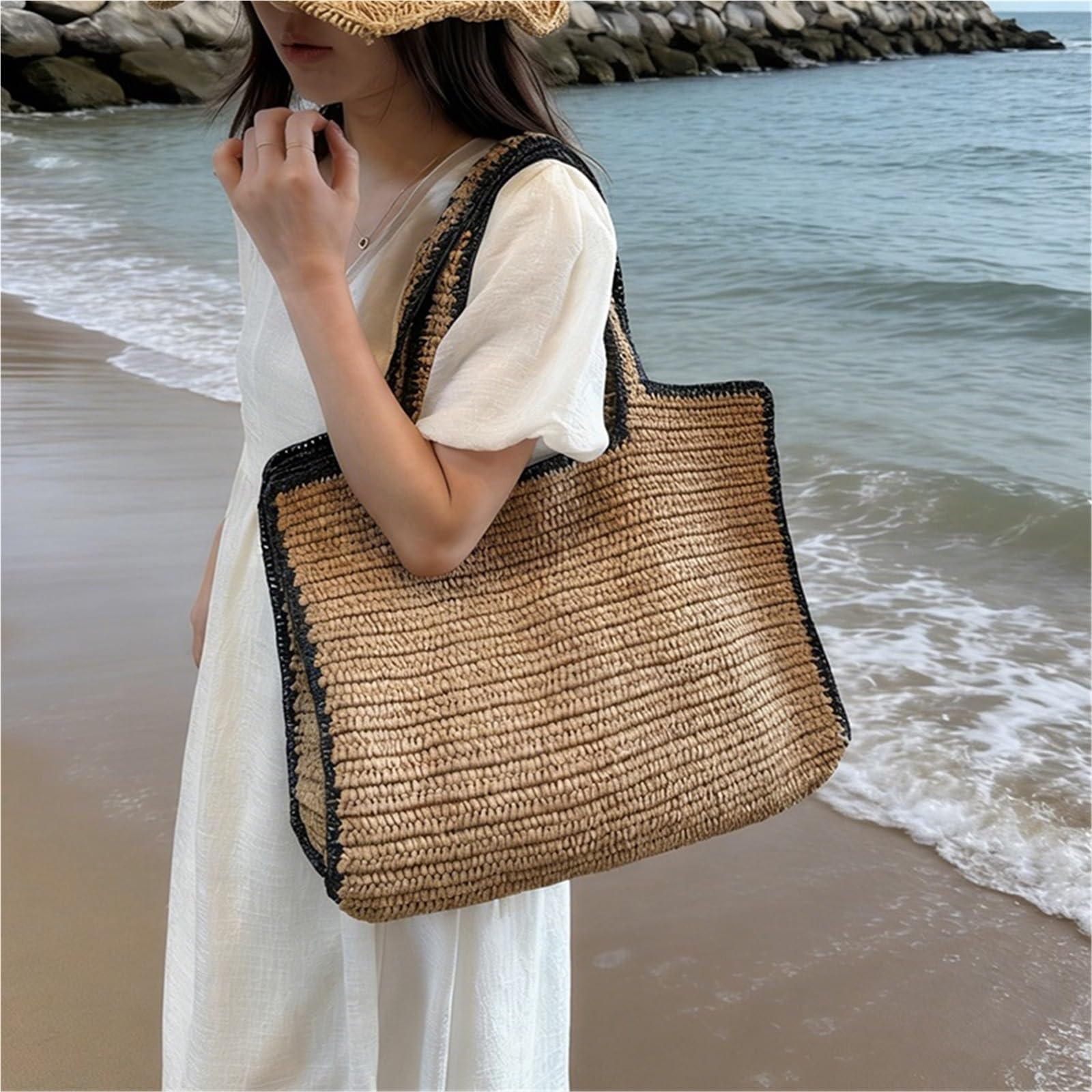 borsa donna estiva Borse da spiaggia for donna a mano in paglia Borsa a tracolla di grande capacità con manico superiore