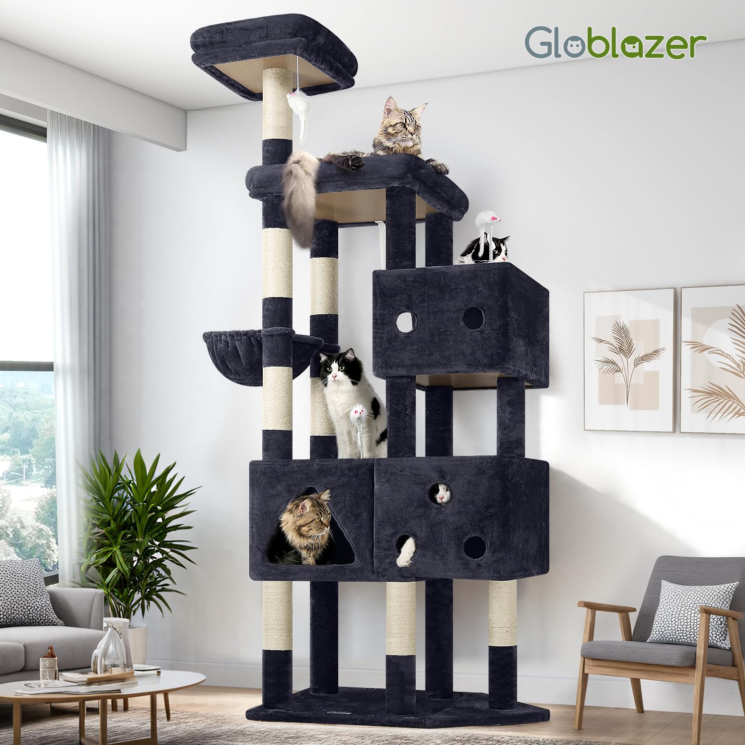 Globlazer Drapak dla dużych kotów, XXL, 207 cm wysokości, z 3 domkami dla kotów, duża, wyściełana platforma, kosz, luksusowe drzewko dla kotów stabilnych, dla 3-5 dużych kotów wewnątrz (F81