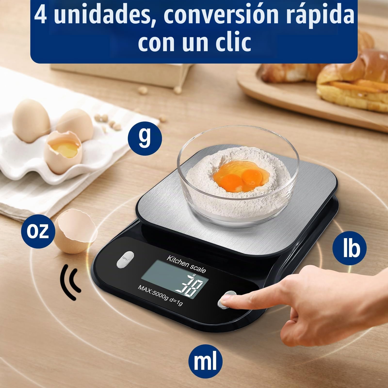 Báscula de cocina digital parlante, electrónica de alimentos con pantalla LCD grande y plataforma de disco de acero inoxidable