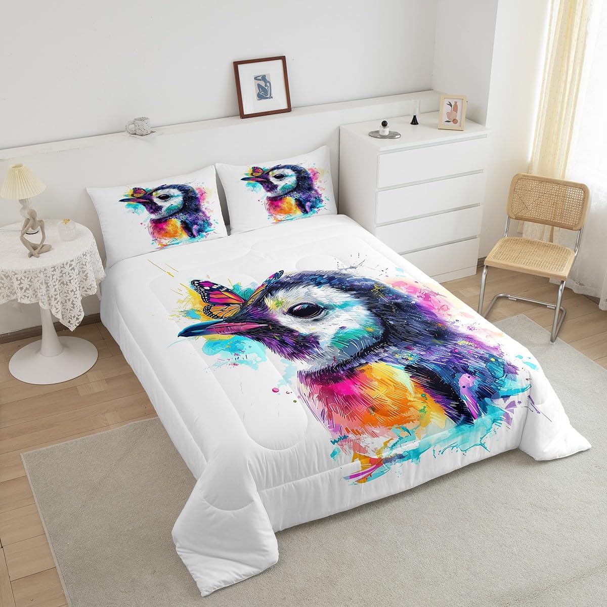 Erosebridal Cute Penguin Queen Size Comforter Set for Kids Orange Butterfly Bedding Set for Girls Boys, Watercolor Animal Down Comforter Graffiti Wildlife Bed Set, Antarctic Penguin Quilted Duvet