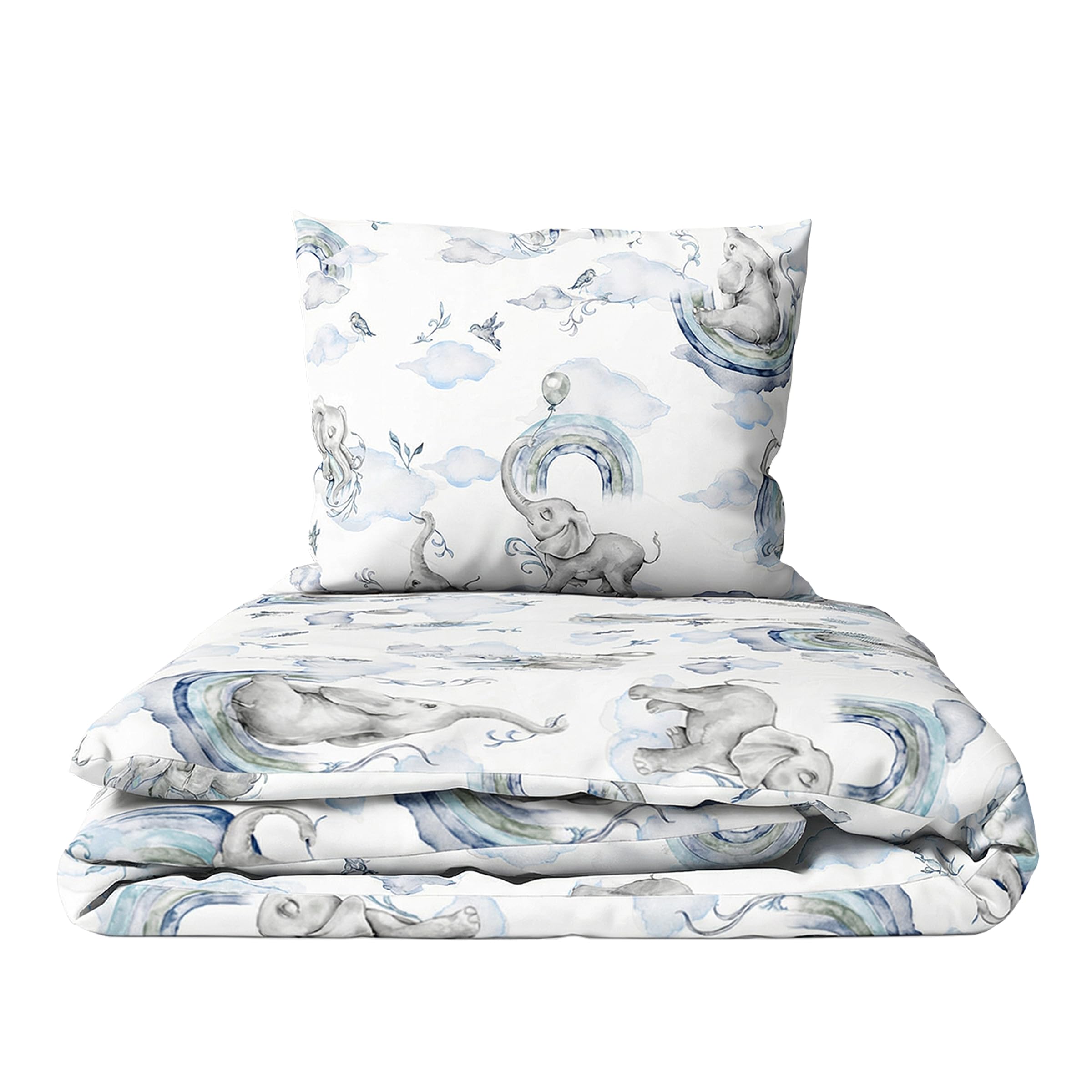 Baby Comfort 2-Piece Toddler Duvet & Pillow Set - 100x75 cm - 100% Cotton Breathable Fabric - Machine Washable Quilted Bedding for Cot Bed 12M+ (Elephants Blue)