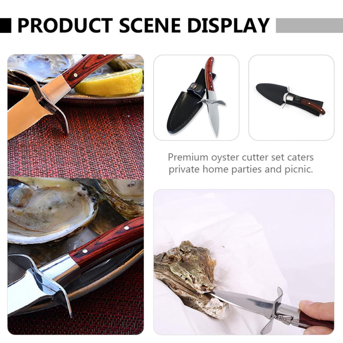 Cuchillo con Mango de Madera Marrón Ergonómico de Acero Inoxidable para Abrir Ostras y Textura Antideslizante Adecuado para Picnic y Fiestas Privadas