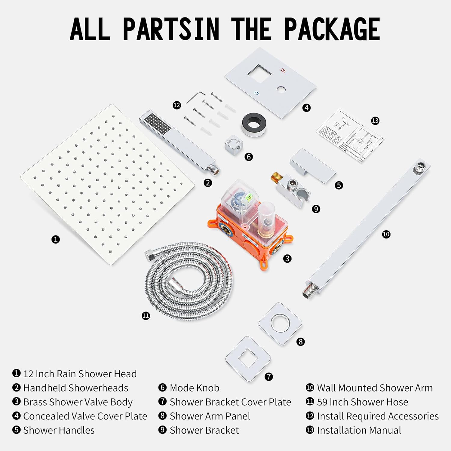 Bathroom Shower Faucet Set，12 Inch Rain Shower Head with Handheld Spray，Brass Shower Valve Trim Kit，Wall Mounted Square Rain Shower System (Chrome)