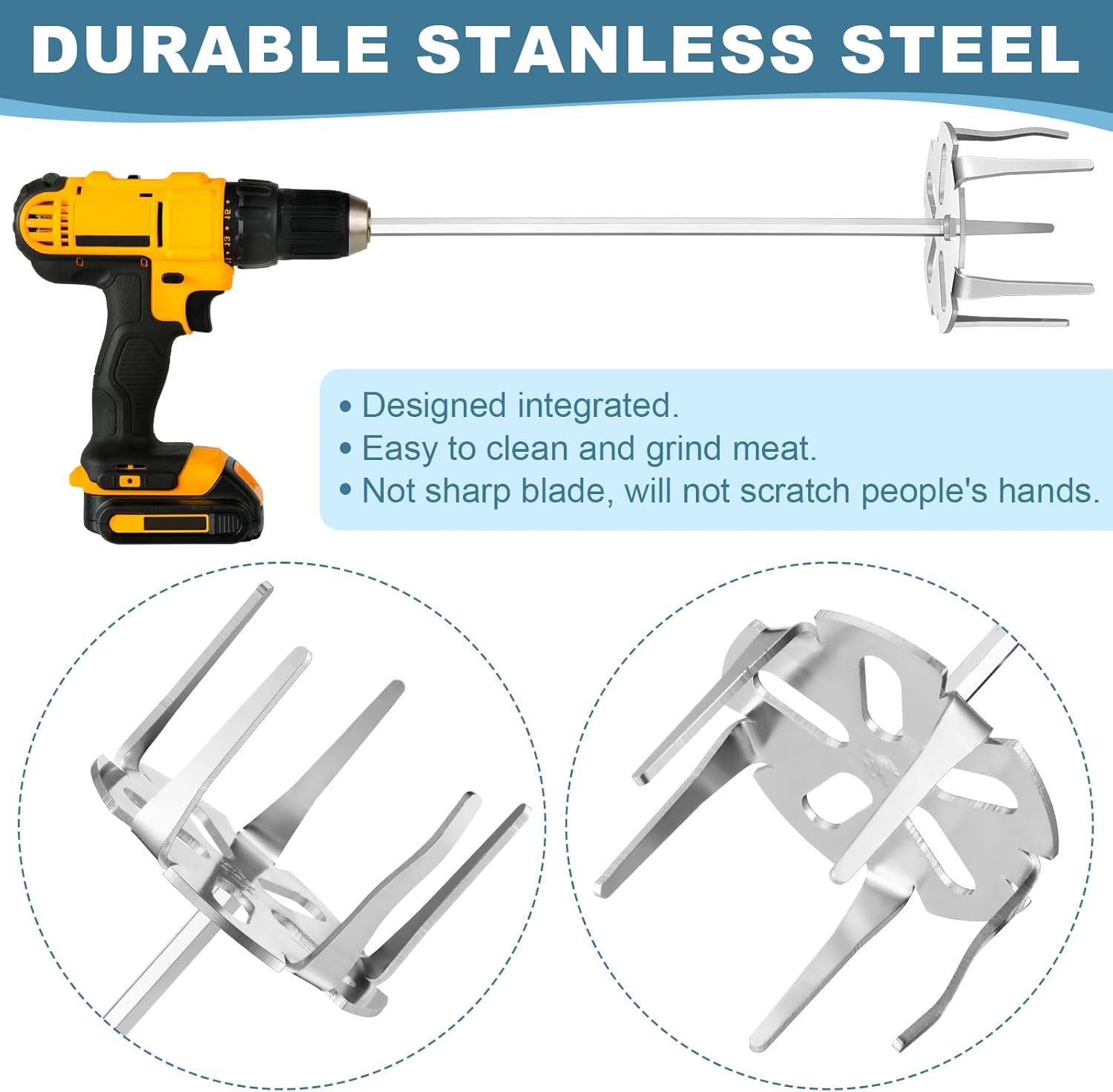 Havawish 4 Inch Stainless Steel Pork Puller Silver Meat Fork Meat Shredder with 5L/ 5.28qt Stainless Steel Bucket Drill Attachment Chicken Shredder with Standard Hand Drill for Beef Masher Tamale Meat