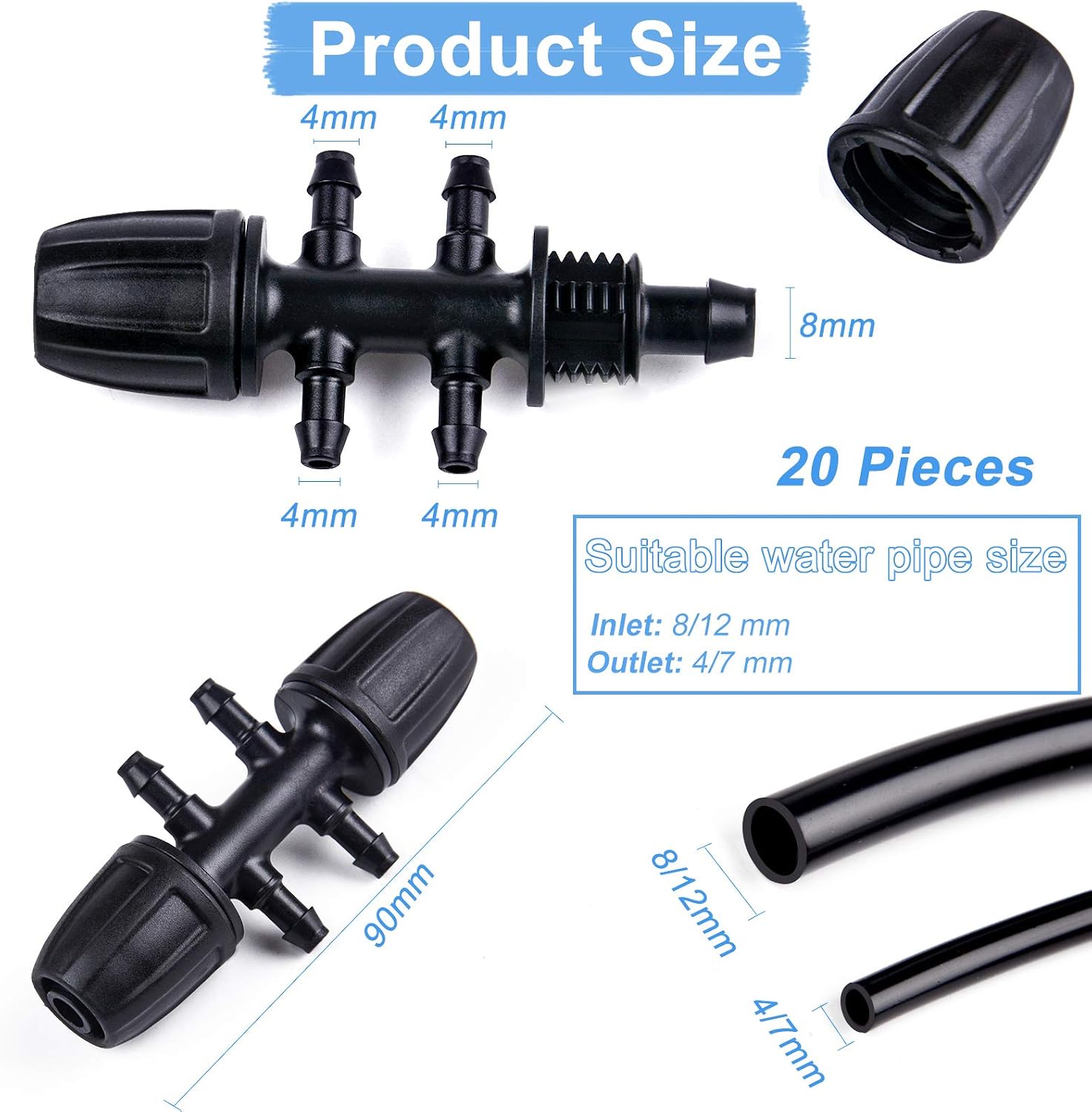Kalolary Barbed Tee 20PCS Anti-Drop Lock Drip Irrigation Hose Fittings Connectors for Micro Spray Water Pipe Joints Fits for 8mm ID to 4mm ID Tubing 6-Way Adapter Watering Tools Lawn Garden Supplies - Image 3