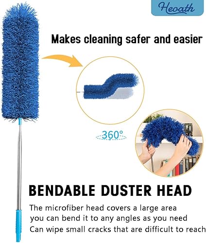 Miniatura 3 de HEOATH Plumero de microfibra con poste extensible, plumero de telaraña extra largo de 100 pulgadas para limpieza, cabezal flexible, antiarañazos,