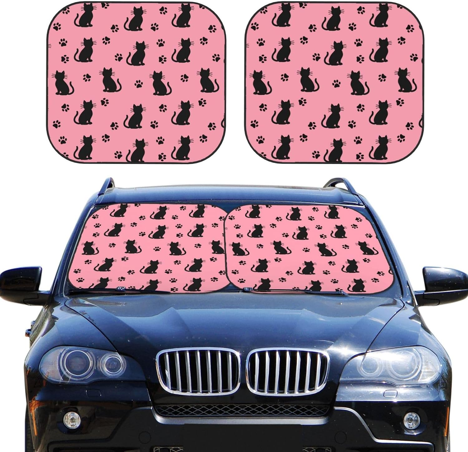 Cute Black Cat Pink Print 2-Piece Car Windshield Sun Shade Foldable Front Window Sunshades Blocks UV Rays and Keeps Your Vehicle Cool for Most Sedans SUV Truck, Medium