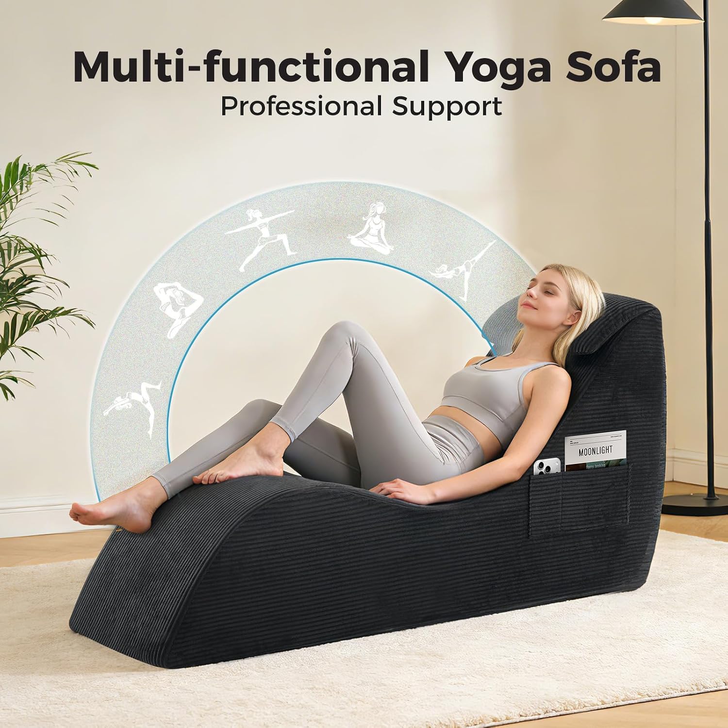 Yoga Chairs for Adults, Ergonomic Chaise Lounge Chair Indoor with Side Pocket, Lumbar Pillow, Ottoman, Yoga Chair Perfect for Stretching, Relaxation, Exercise, Used in Bedroom, Living Room（Black）