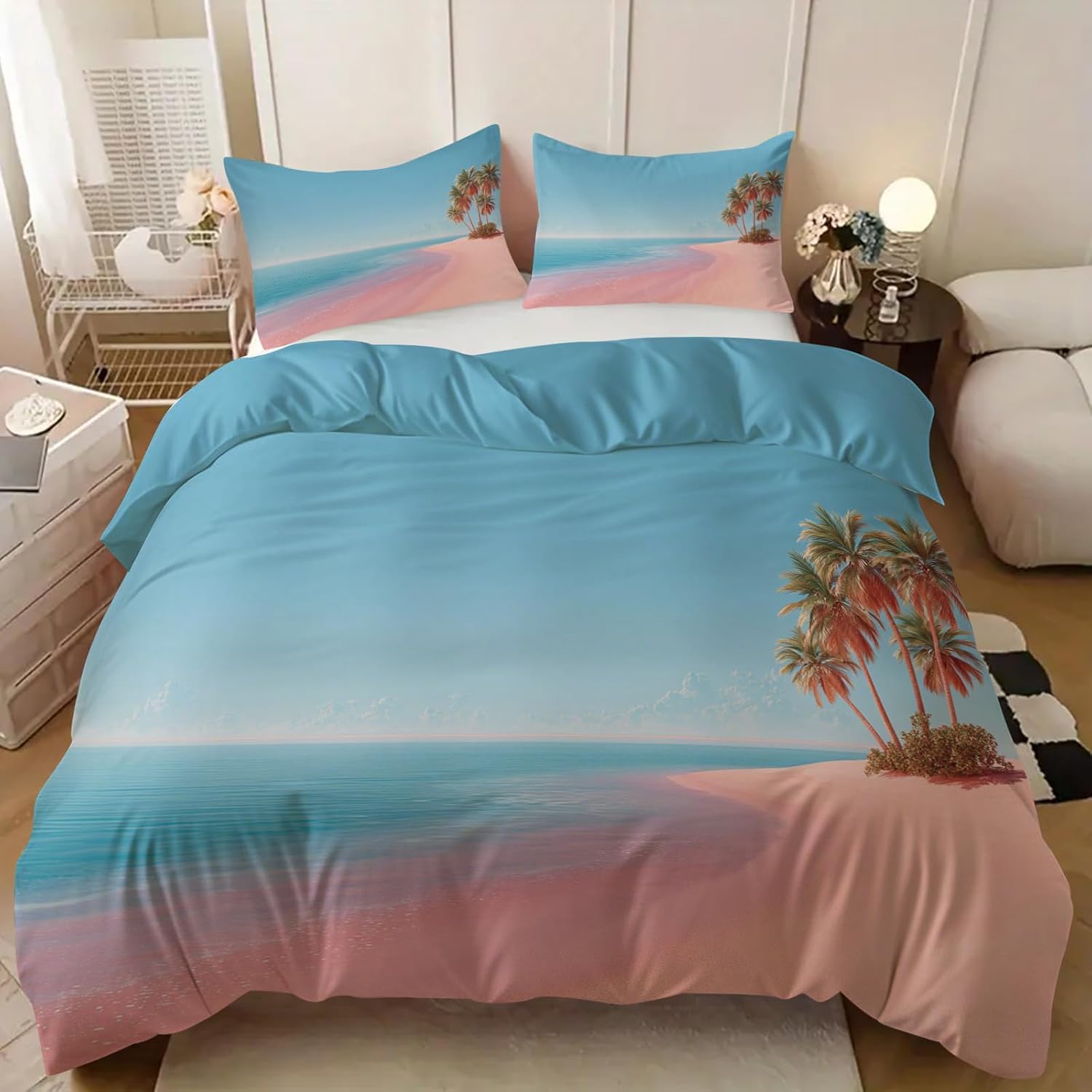 Funda Nórdica Cama 105 Palmeras De Playa Reversible Funda de Edredón 135 x 200 cm Isla Tropical Juego de Ropa de Cama 3 Piezas en Microfibra Transpirable con Cremallera y 2 Fundas d-1024