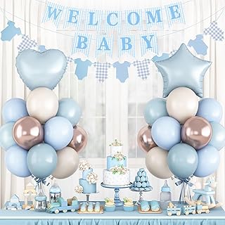 Dusty Blue Baby Shower Decorations Oh Welcome Baby Boys Balloon Set with Star Heart Foil Balloons Bunting Banner Bodysuit Garland Boho Pastel Blue Gold White Sand Gender Reveal Party Decor for Girls