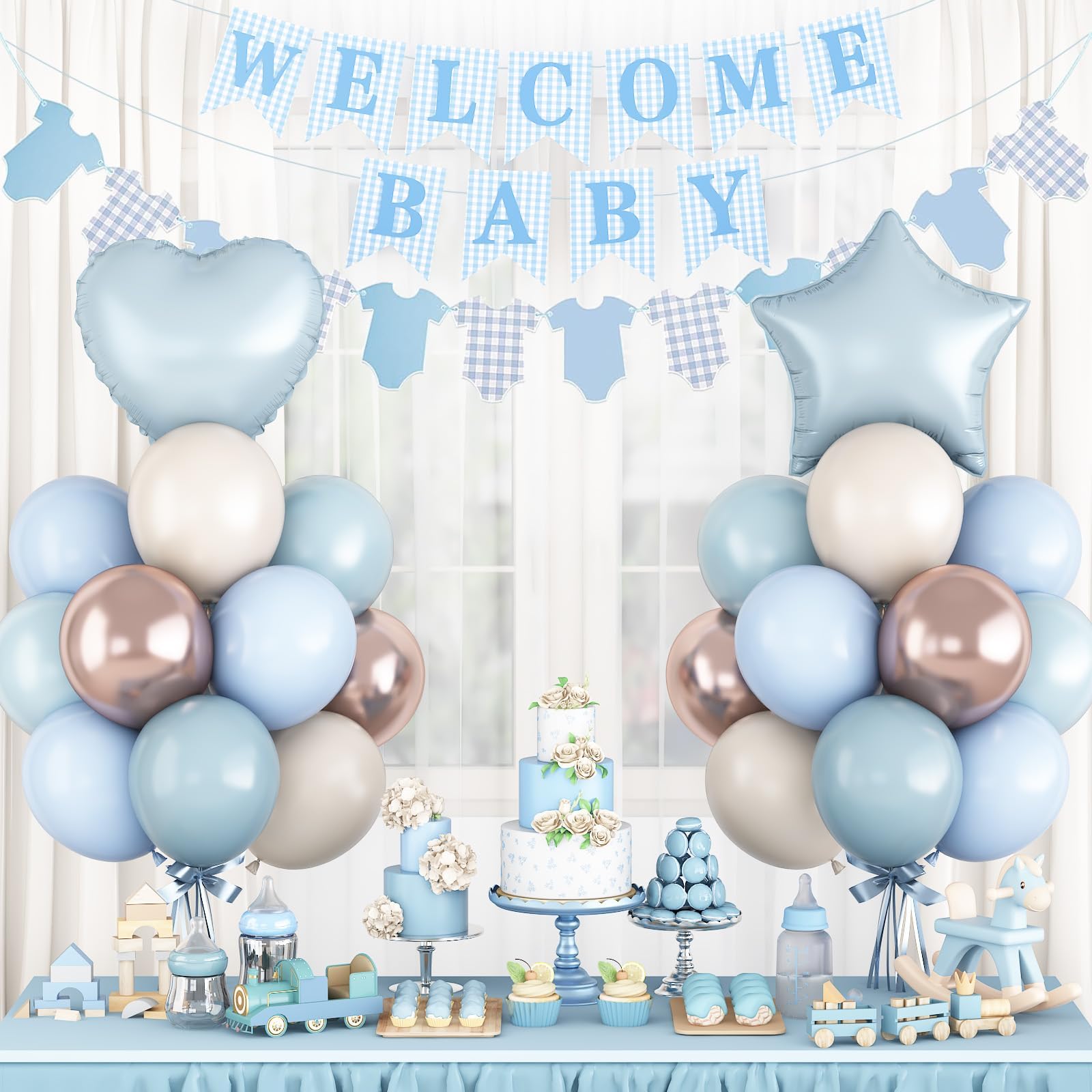 Dusty Blue Baby Shower Decorations Oh Welcome Baby Boys Balloon Set including Star Heart Foil Balloons Bunting Banner Bodysuit Paper Garland Boho Pastel Blue Gold White Sand Gender Reveal Party Decor Girls