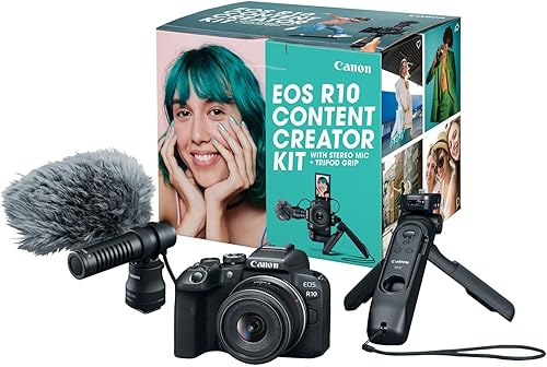 Kit de creador de contenido Canon EOS R10, cámara sin espejo para vlogging con lente RF-S18-45mm F4.5-6.3 IS STM, trípode y micrófono estéreo,