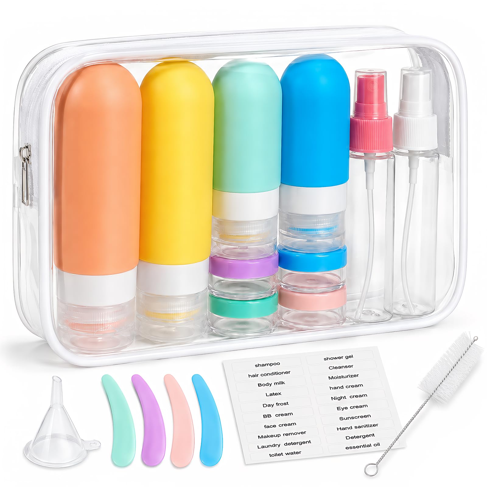 YUNZYLO 18 Pack Travel Bottles Set for Toiletries,TSA Carry-On Size Leak Resistant Silicone Travel Containers,Refillable Shampoo Conditioner Lotion with Jars,Spray Bottles,Funnel,Brush etc (Yellow)-image-44