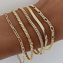 Gold Bracelets for Women Waterproof, 14K Real Gold Jewelry Sets for Women Trendy Thin Dainty Stackable Cuban Link Paperclip Chain Bracelet Pack Fashion Accessories Gifts for Womens