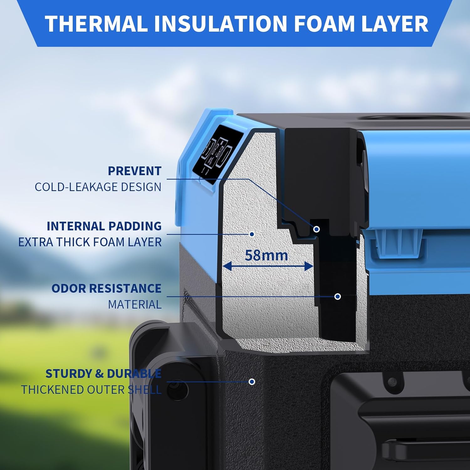 45L Dual Zone Car Refrigerator Freezer, -4℉~68℉, 48Qt Compressor Cooler with Reversible Door, Metal Handle, Dual Battery Slot, 100–240V AC / 12V / 24V DC Powered, LED Light – Ice Blue