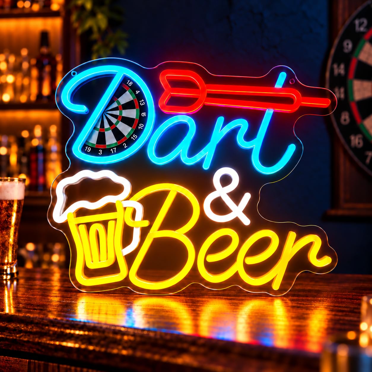 Dimmable Dart & Beer Neon Sign for Wall Decor (13.79" x 11.43")