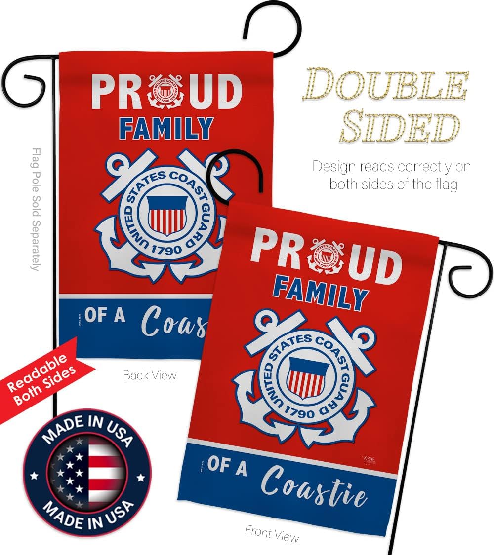 Breeze Decor Proud Family Coastie Garden Flag - Set with Stand Armed Forces Coast Guard USCG Semper Paratus USA Military Veteran Retire Official - House Yard Gift Double-Sided 13 X 18.5