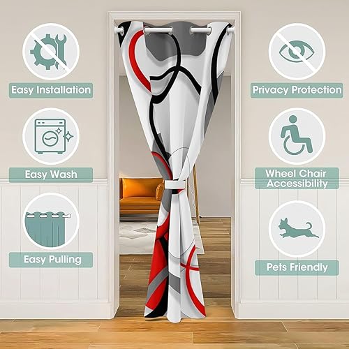 Miniatura 3 de jejeloiu Cortina de puerta con círculos geométricos para privacidad de puerta, 42 x 80 pulgadas, rojo, negro y blanco, cortina para puerta de