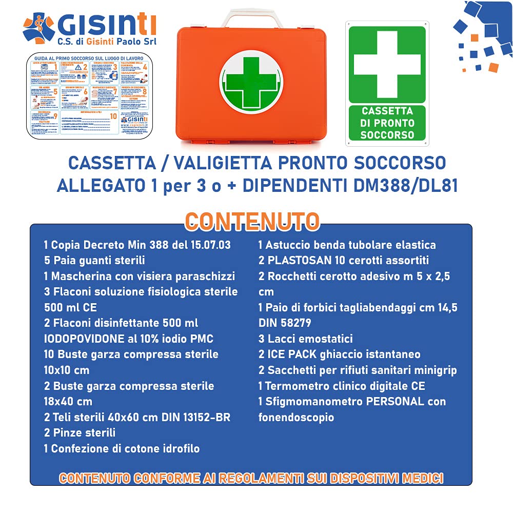 Gisinti Kit Cassetta Pronto Soccorso All.1 Aziende 3+ Lavoratori Gruppo A B Cartello PVC 30x20 Arancio