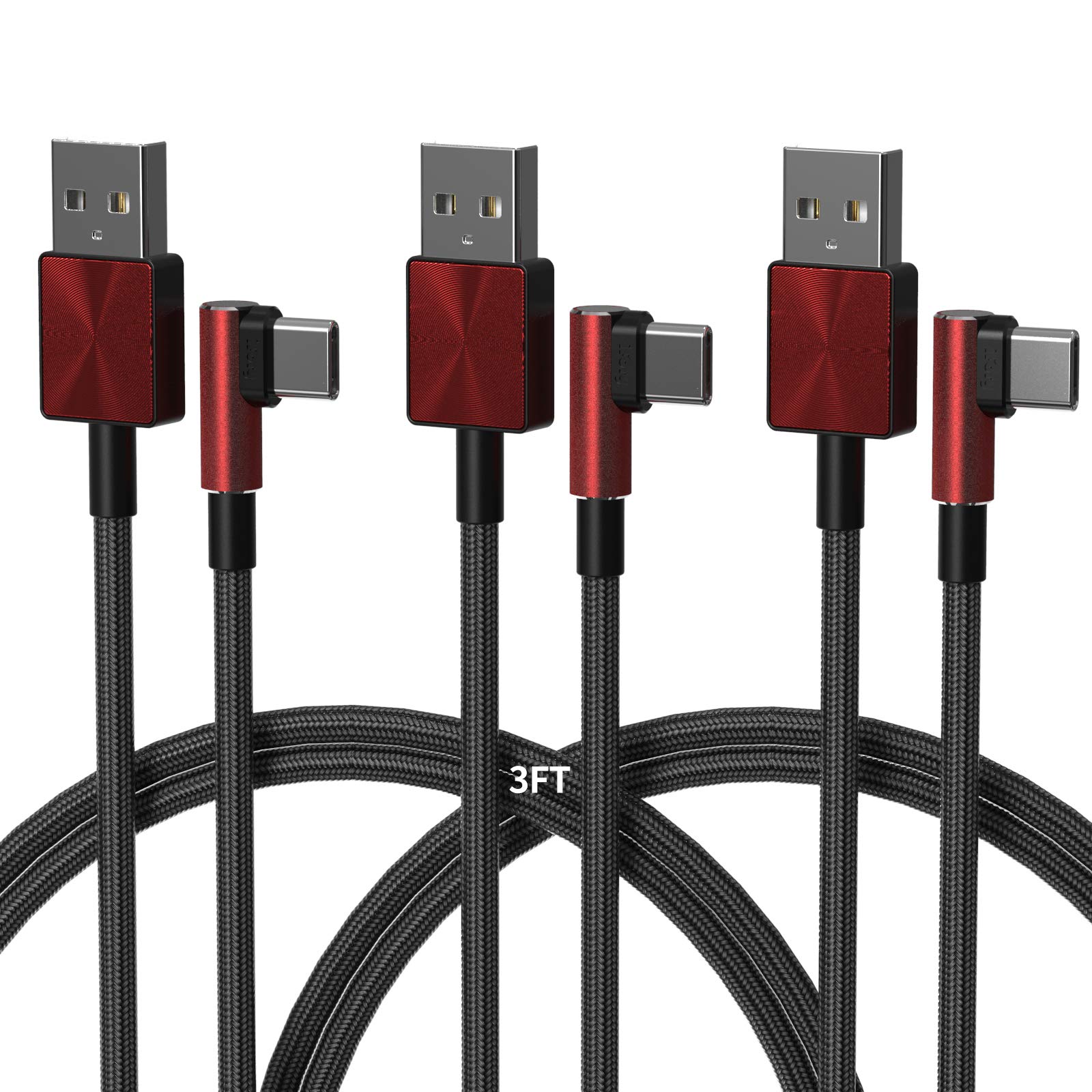 USB A Cable to USB C 90 Degree Cable Braided, Type-C 5V 3A Cord, Type C Charging Cord 3ft, Faster Charging Game Cable, Compatible with Samsung Galaxy S20+,MacBook Pro 2018【3Pack Red】