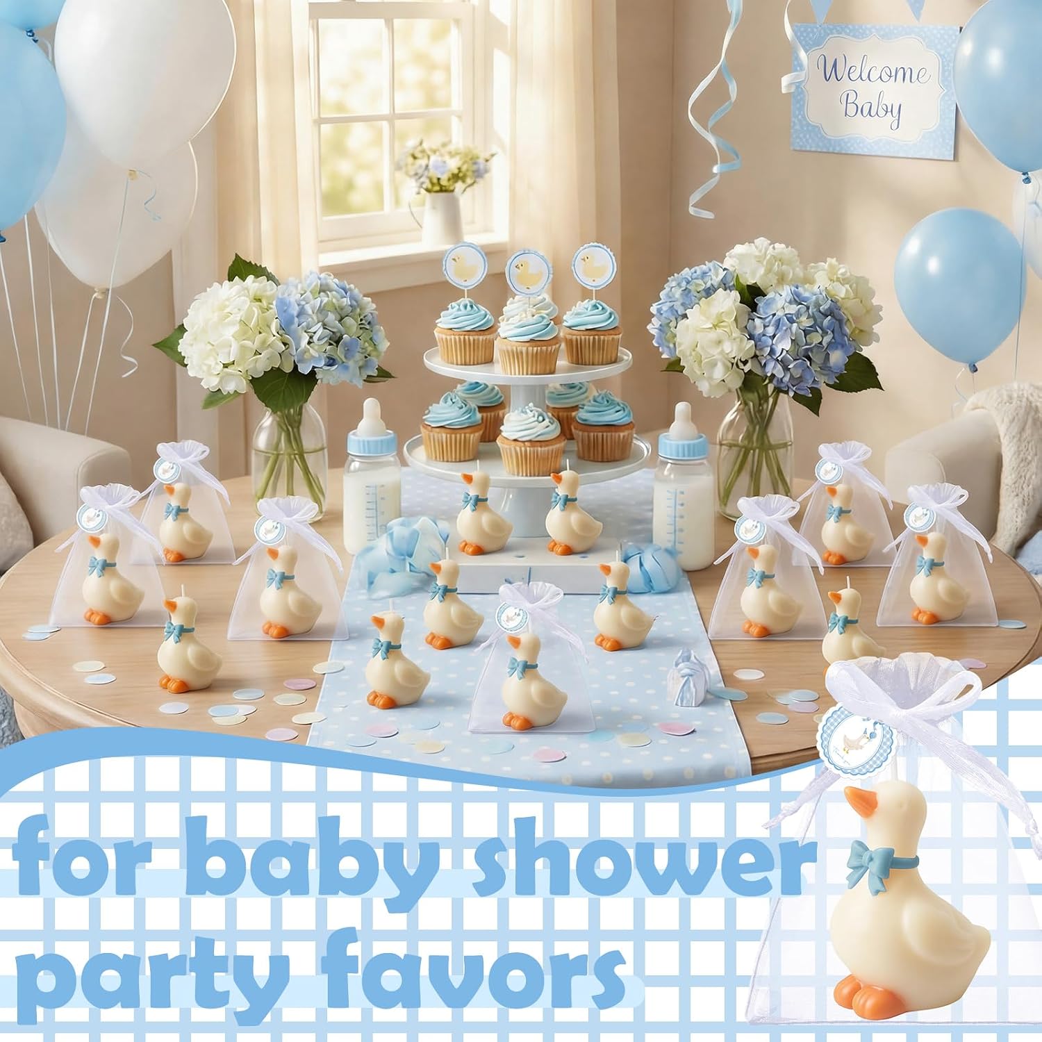 Conelist 16 Sets Silly Goose Candle Party Favors with Thank You Cards & Organza Bags - Blue Bow Cute Goose Baby Shower Favors, Gender Reveal, Kids Birthday Party Decorations Supplies