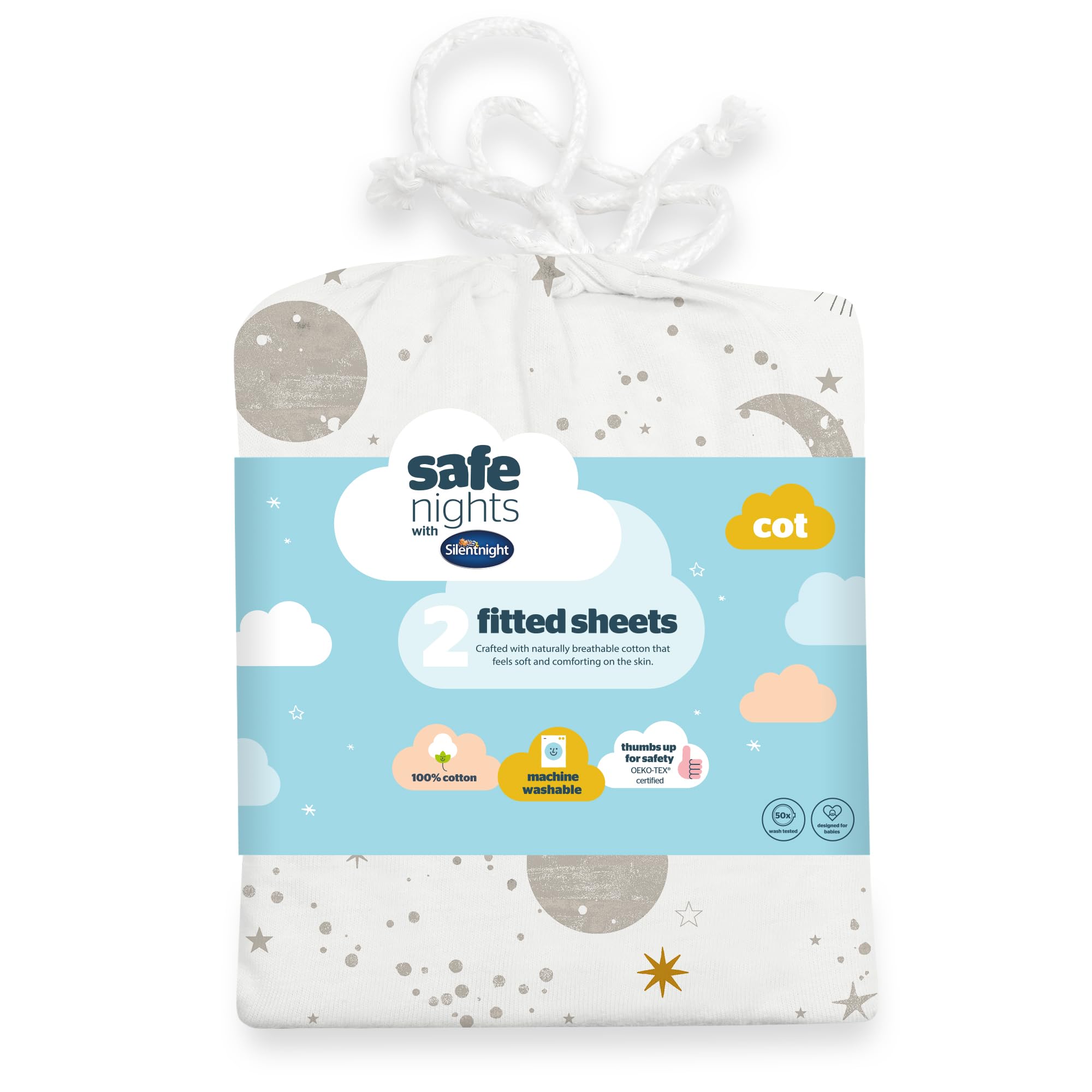 Silentnight Safe Nights Fitted Sheet, Cot Mattress, Breathable 100% Cotton Jersey, Super Soft Kind to Baby Skin, 120x60cm