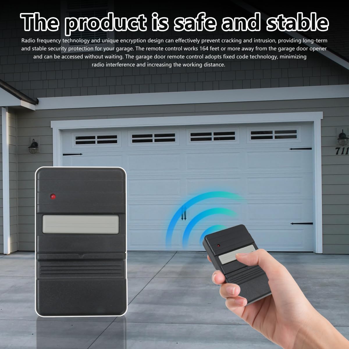 Garage door remote in front of a garage door with signal waves