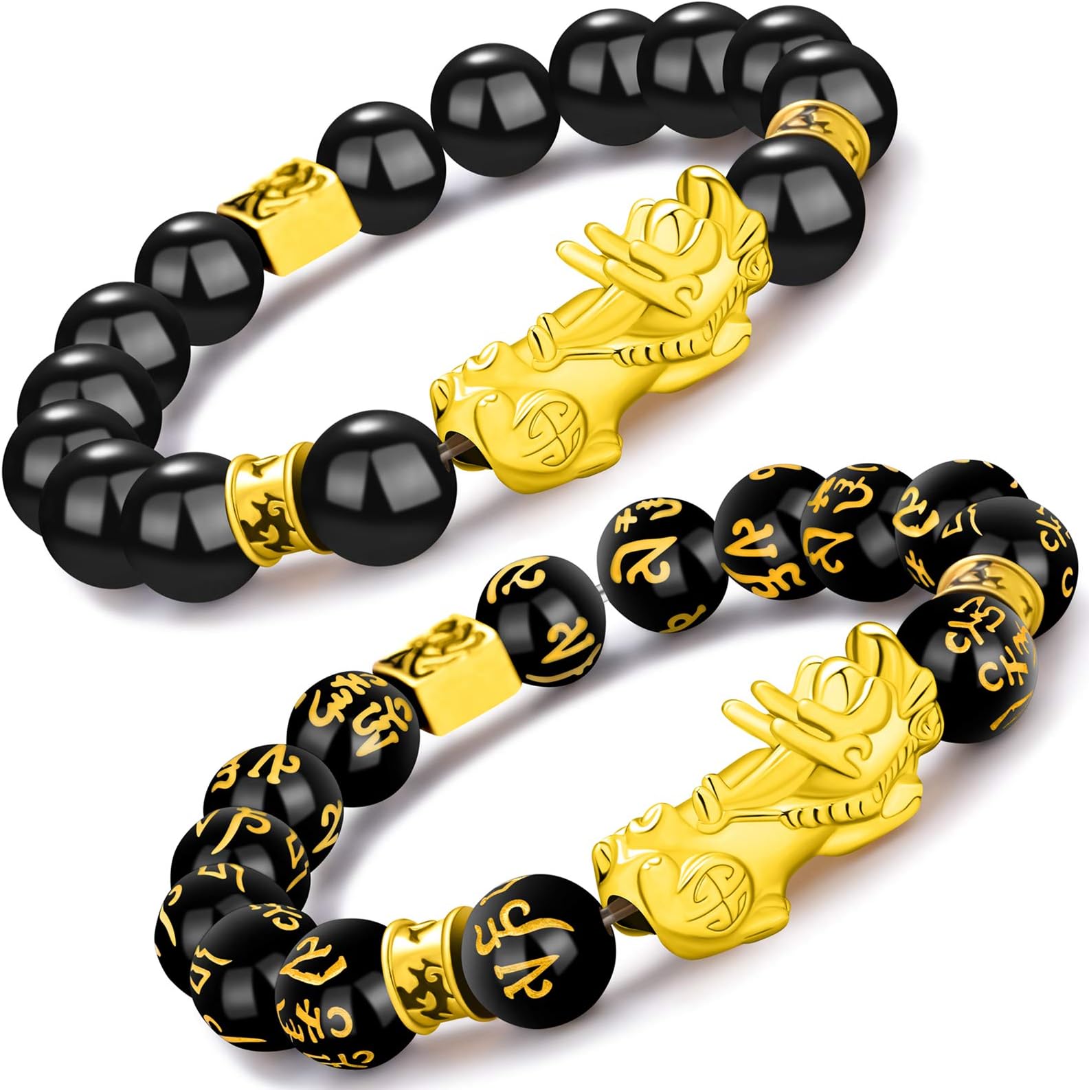 2 pcs 12mm Feng Shui Black Obsidian Wealth Bracelet Pixiu Mantra Bead Bracelets