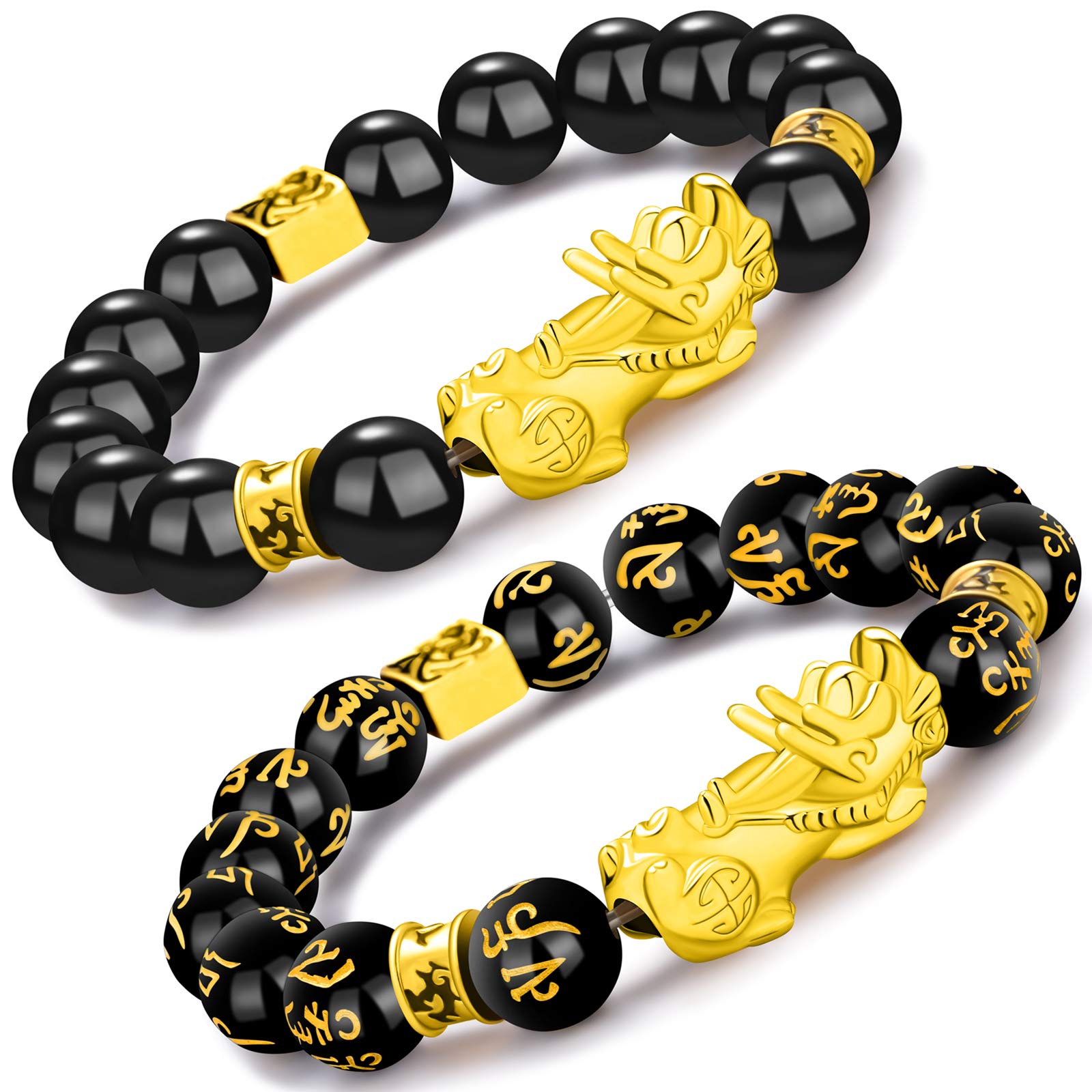 Homelavie2 Pcs Feng Shui Good Luck Bracelets 12mm Black Obsidian Bead Golden Pi Xiu Bracelet for Women Men Attract Wealth and Good Luck…