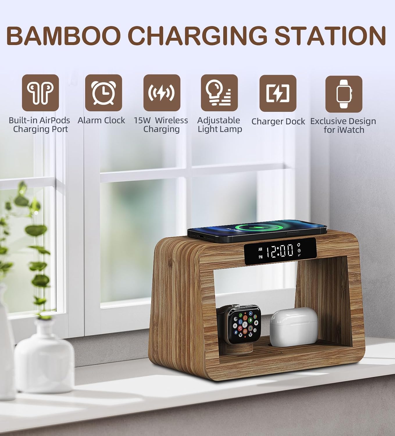 Bamboo Charging Station for Multiple Devices, 15W Fast Wireless Charger Night Light with 3 Color& 4 Adjustable Brightness, Night Stand Charger Station for iPhone/iWatch/AirPods (6955)